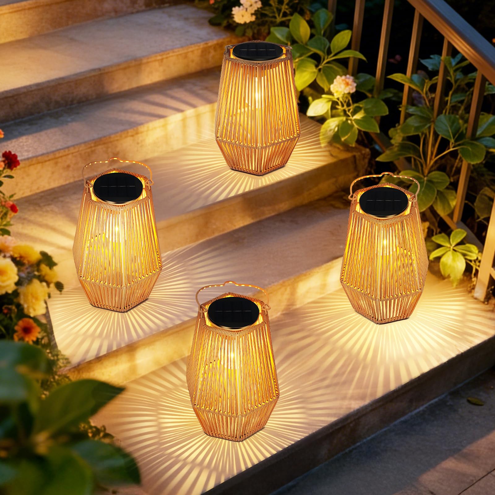 OUTONLIFE 4er Set Solarlaternen für Außen, Rattan Hängend/Stehend mit LED, wasserdicht, Automatisches Ein-/Ausschalten, Handgefertigt, dekorativ für Garten, Terrasse, Veranda, Balkon & Tisch