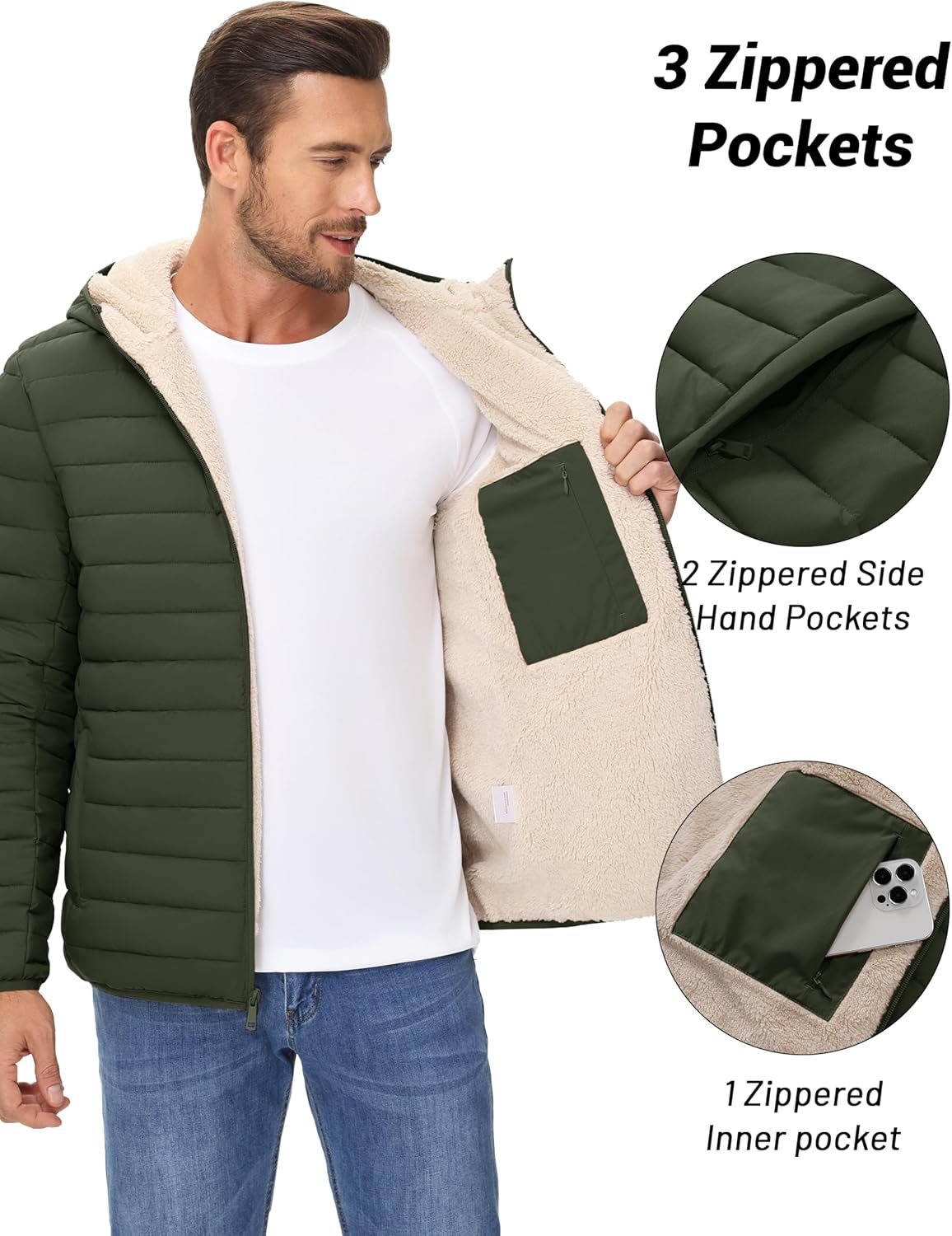 Cotrasen Mens Puffer Jacket Sherpa Lined Water Resistant Hooded Full Zip Mid-Weight Warm Insulated Winter Coat - Image 6