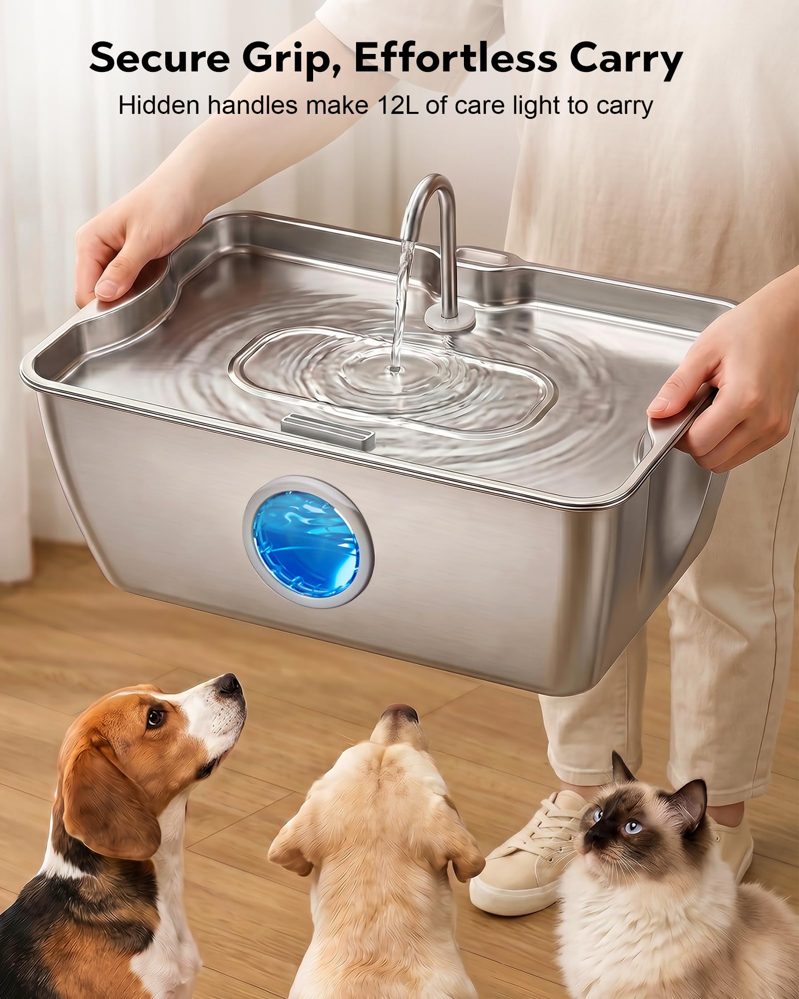 CEESC Fuente de agua para perros de acero inoxidable de 12L/3.2 galones con asas fáciles de transportar, dispensador automático de agua para mascotas con ventana visible y luz LED para perros grandes