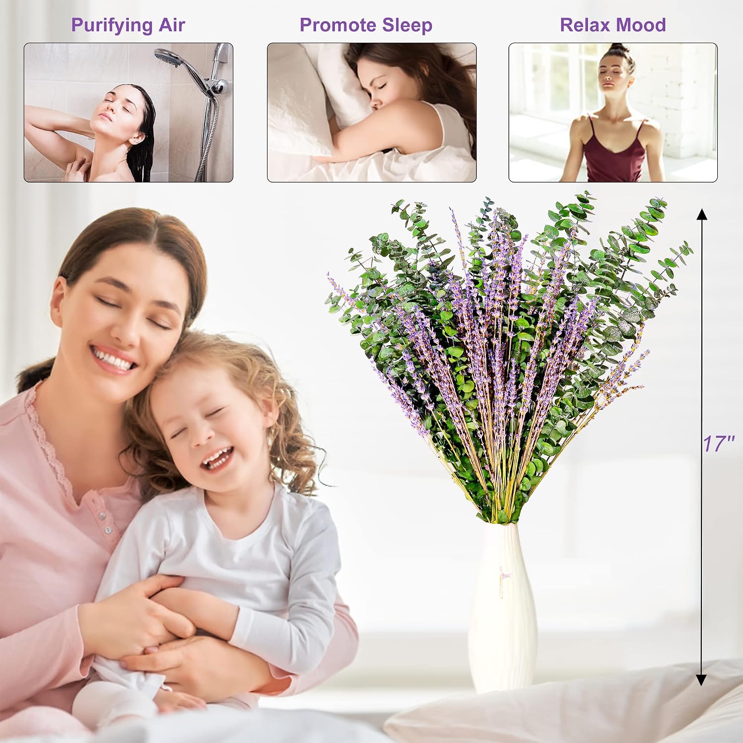 115 Pcs Dried Preserved Eucalyptus Stems & Lavender Flowers Bundles for Shower, 17'' Natural Real Live Eucalyptus Leaves Hanging Lavender Shower Plant, Fragrance, Decor