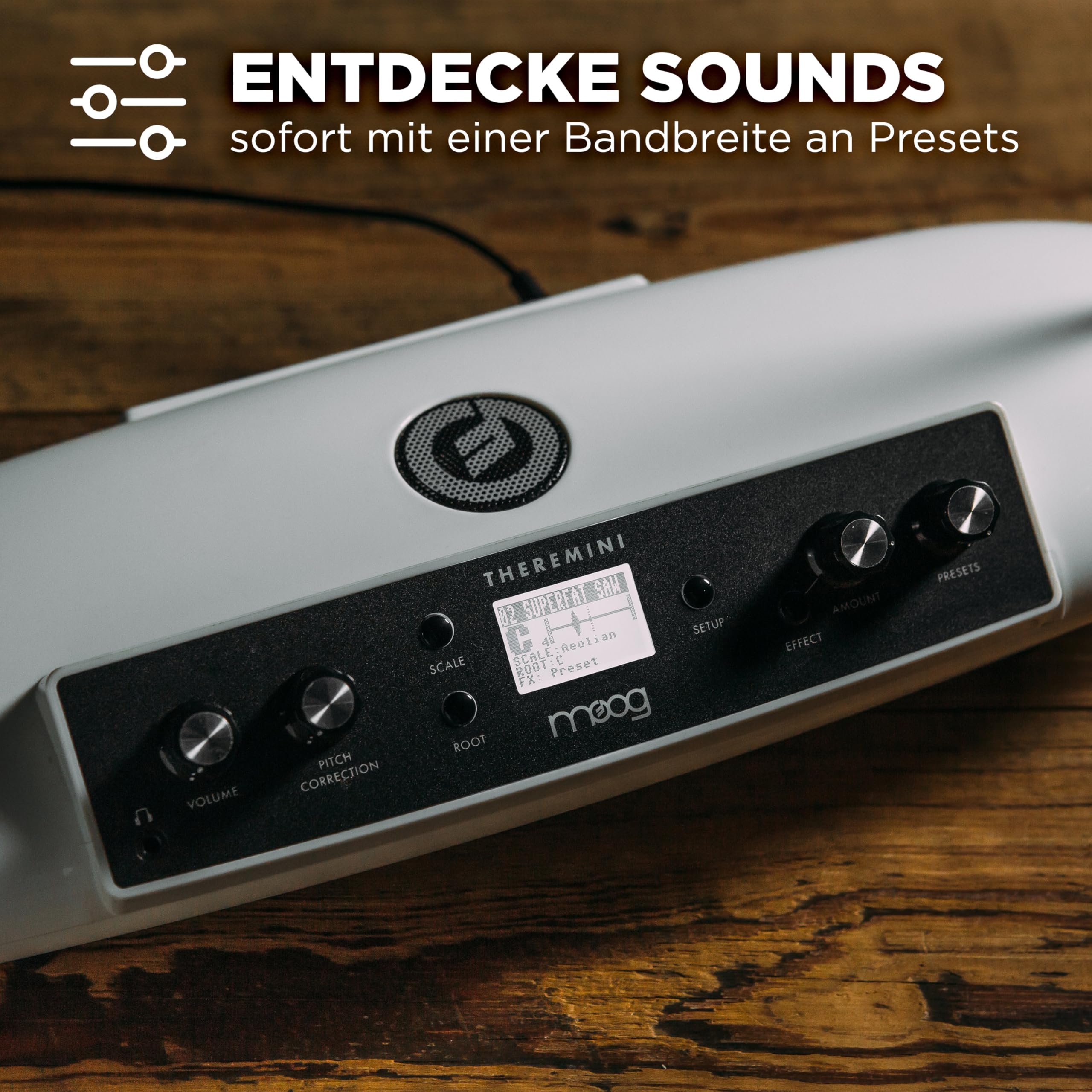 MOOG Theremini - Theremin Mit Pitchkorrektur, CV-Ausgang, Tuner und Lautsprecher, AniMOOG Synthesizer Sound Engine Mit 32 Presets und LCD-Anzeige
