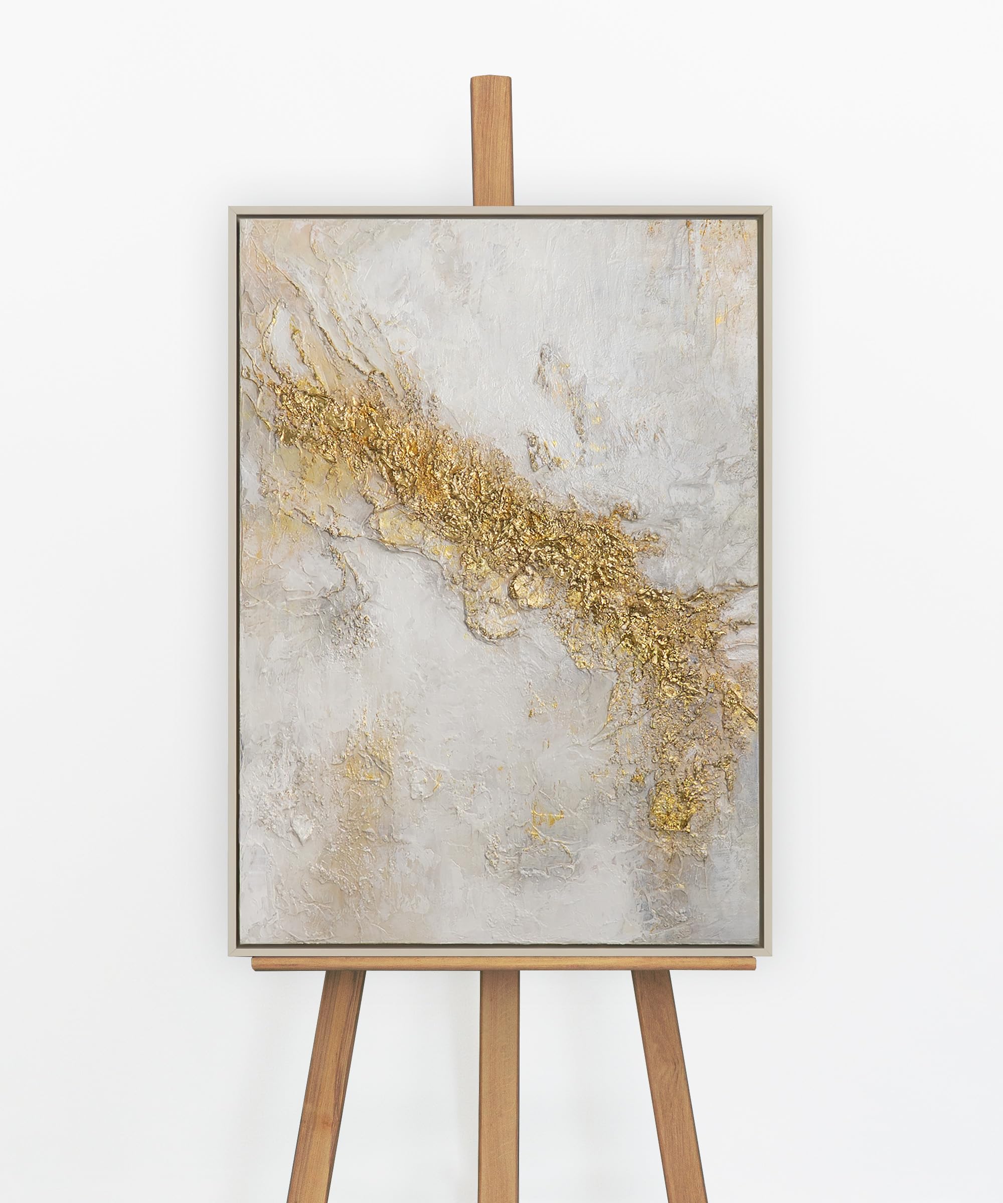 Tableau abstrait blanc doré moderne et peinture or minimaliste encadrée