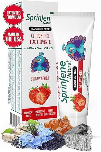SprinJene Pasta dental natural para niños, pasta de dientes de fresa sin flúor para niños pequeños y niños, fórmula natural suave y segura con
