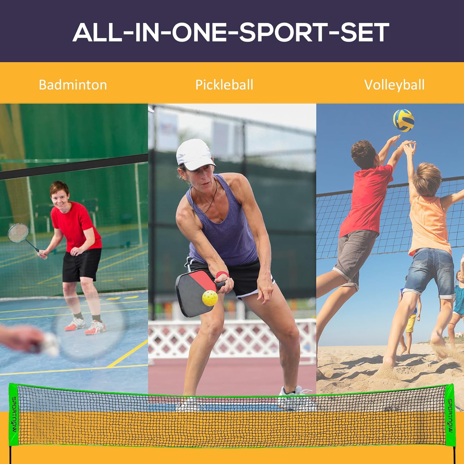 Portable Badminton Set, Multi-Sports Badminton Net for Pickleball Volleyball with 3 Shuttlecocks, 4 Rackets, for Indoor Outdoor, Garden, Beach