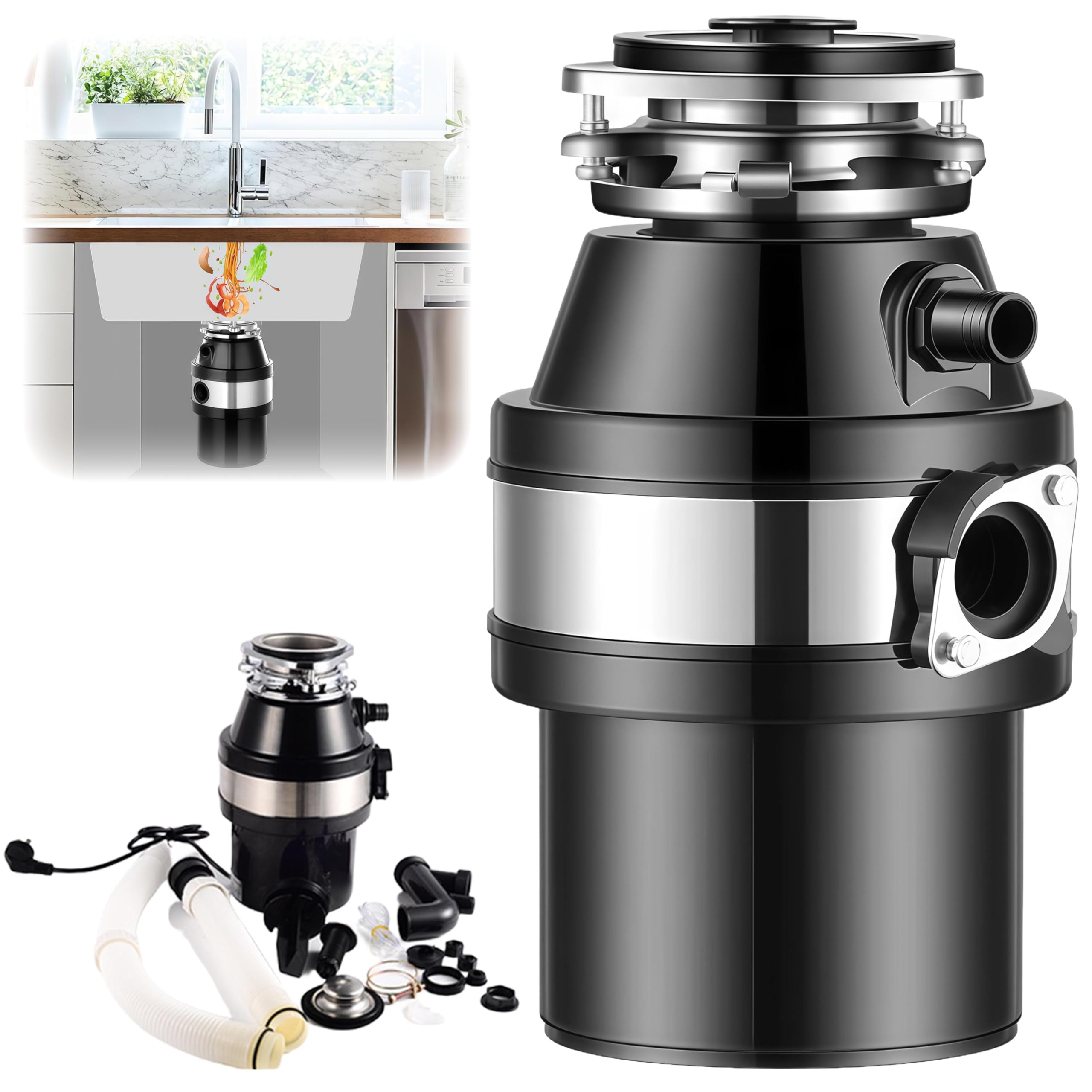 Tritarifiuti in Acciaio Inox, Tritarifiuti per Avanzi di Cucina da 1000 Ml, Protezione Acustica, Tritarifiuti per Rifiuti Alimentari da Cucina Sottolavello, 3/4 HP