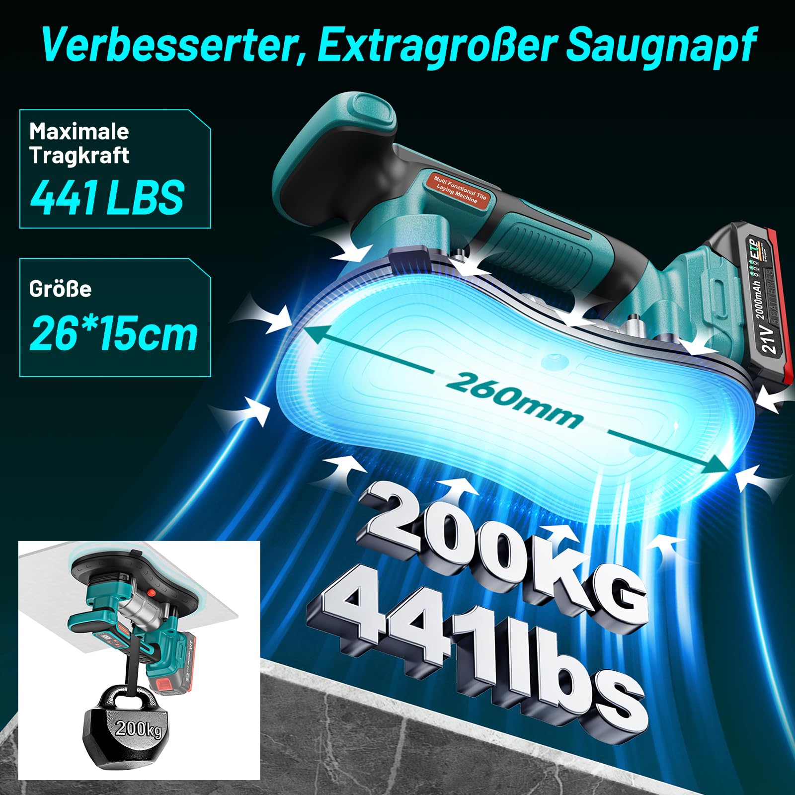 Yofuly 2 IN 1 Fliesenrüttler & Saugheber Kompatibel mit Makita 18V Akku, 260mm Saugnapf 200KG Adsorption | 9 Stufige Einstellung, Fliesen Vbrationsgerät mit 2×2.0Ah Akku für 0.3-2m Fliesen