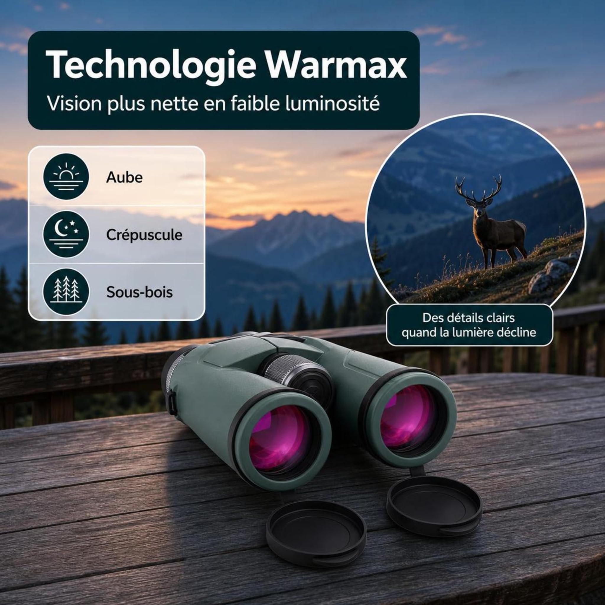 Kersens Original Jumelles Vertes Étanches, Optique HD et Format de Voyage pour Observation Longue Distance, Camping, Balades et Paysages (Vert)