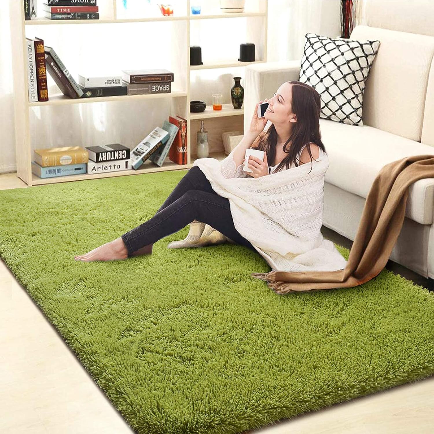 Loomza M.k Soft Shaggy Carpet | Soft Premium Polyester Fluffy Rug | Anti-Skid Small Area Rug for Living Room, Bedroom, Kids Room, Bathroom, Kitchen & Office Use (Green, 2x4 Feet)-image-5