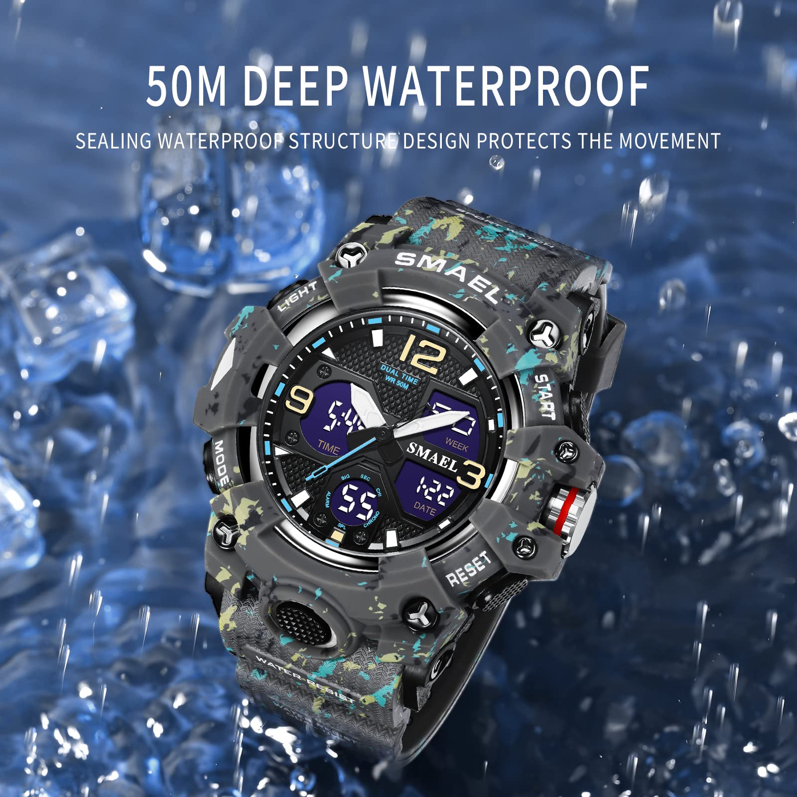 SMAEL 8008 Reloj de cuarzo deportivo resistente al agua reloj de camuflaje de color dual digital (camuflaje gris), Camuflaje Gris