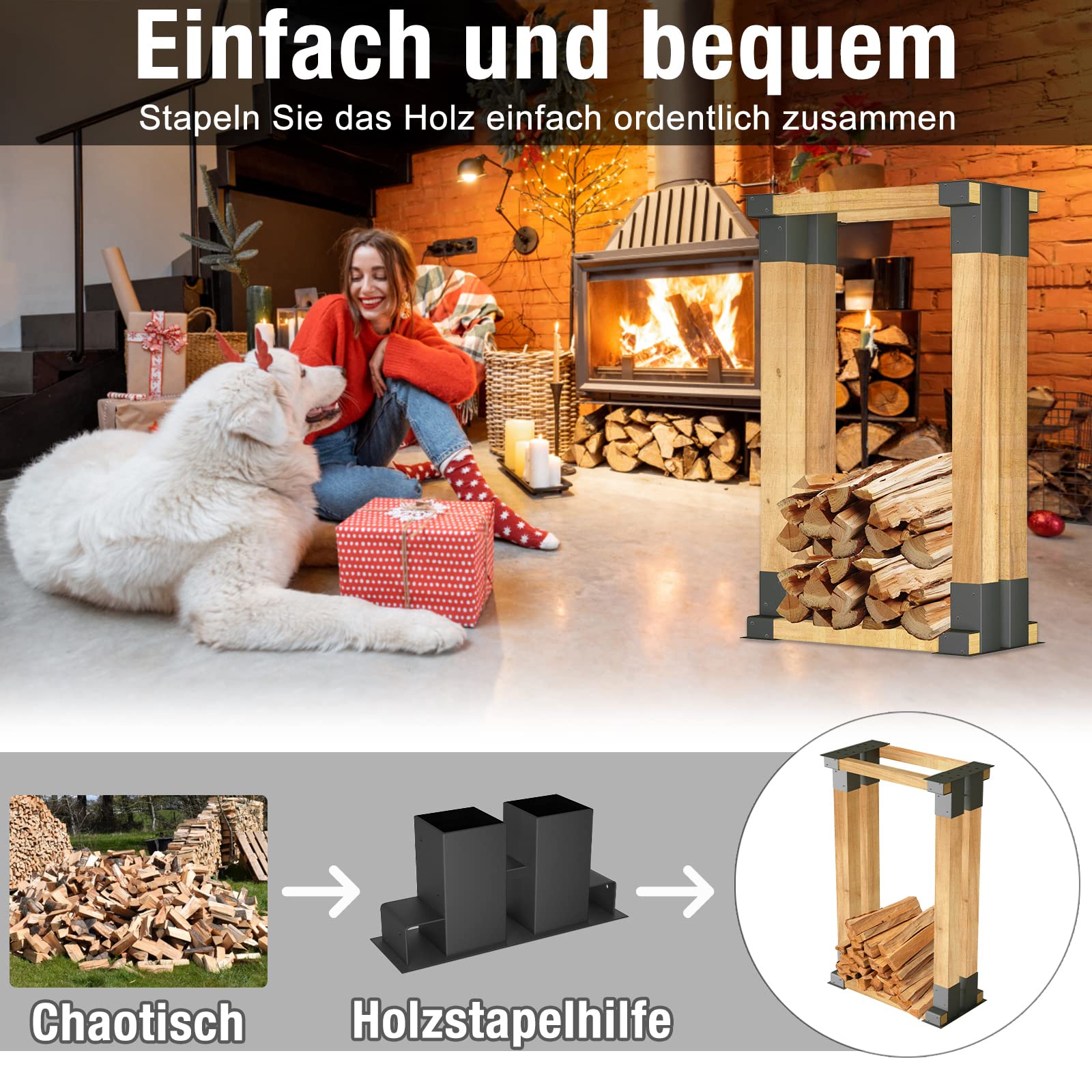 Holzstapelhilfe 4er Set, stabile Holz Stapelhilfe,Einfach zu installieren Brennholz Stapelhilfe, beschichteter Stahl, schwarz, 30x10x15 cm
