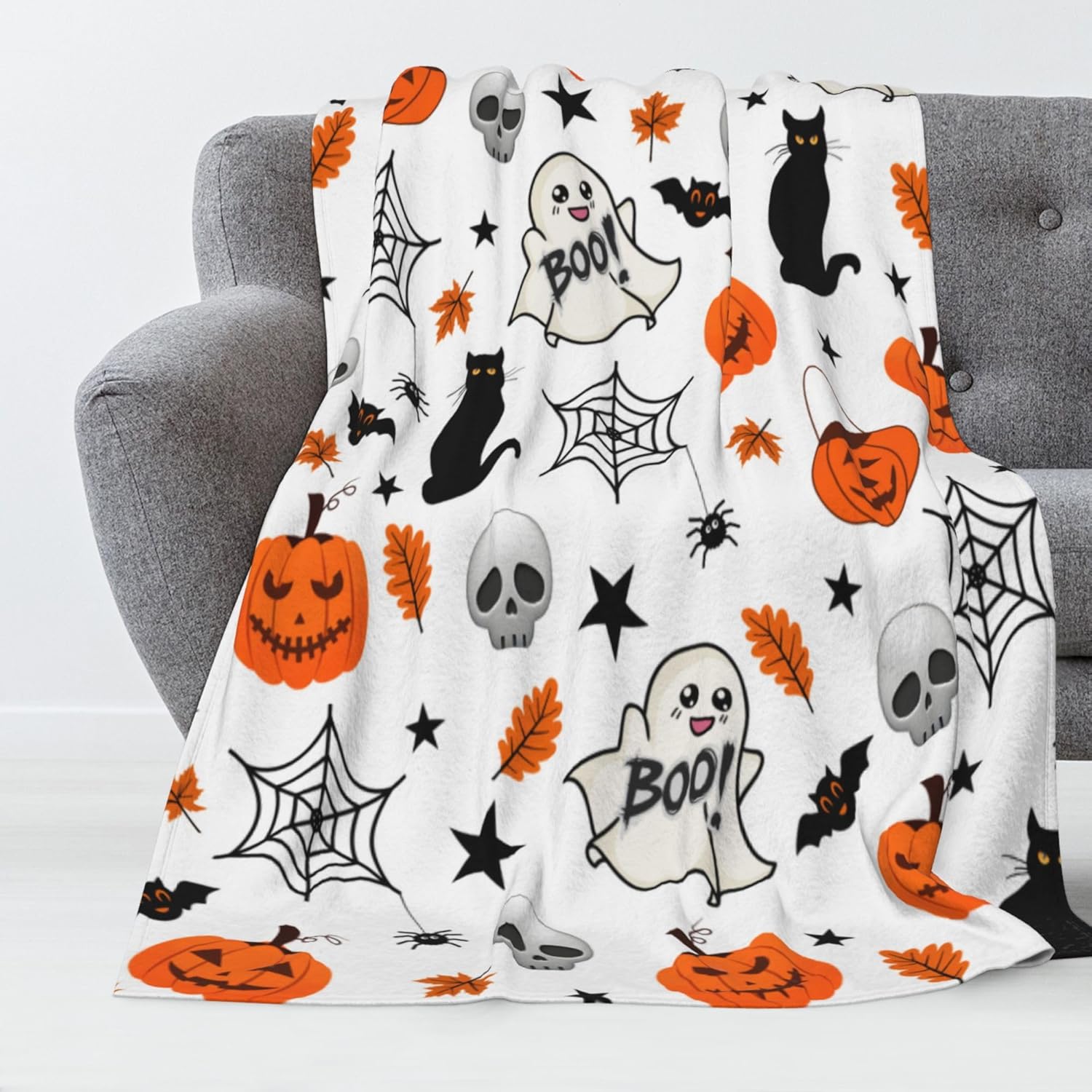 Luxury Halloween Throw Blanket - Cozy Pumpkin Ghost Bat Spider Web Print, Ultra Soft Flannel Plush Blanket for Couch, Sofa & Bed, Lightweight Warm Fall Decor, 80x60 Inches