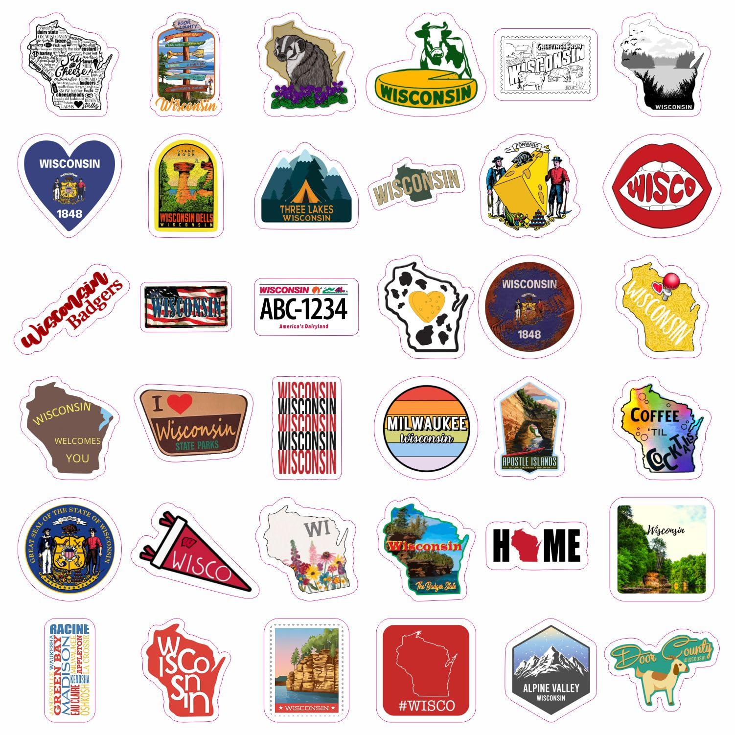 BulbaCraft Wisconsin Stickers for Water Bottle and Laptop - Wisconsin Party Supplies & Decorations, Waterproof Vinyl Decals, State Pride and Icon Stickers, Gifts for Women & Men