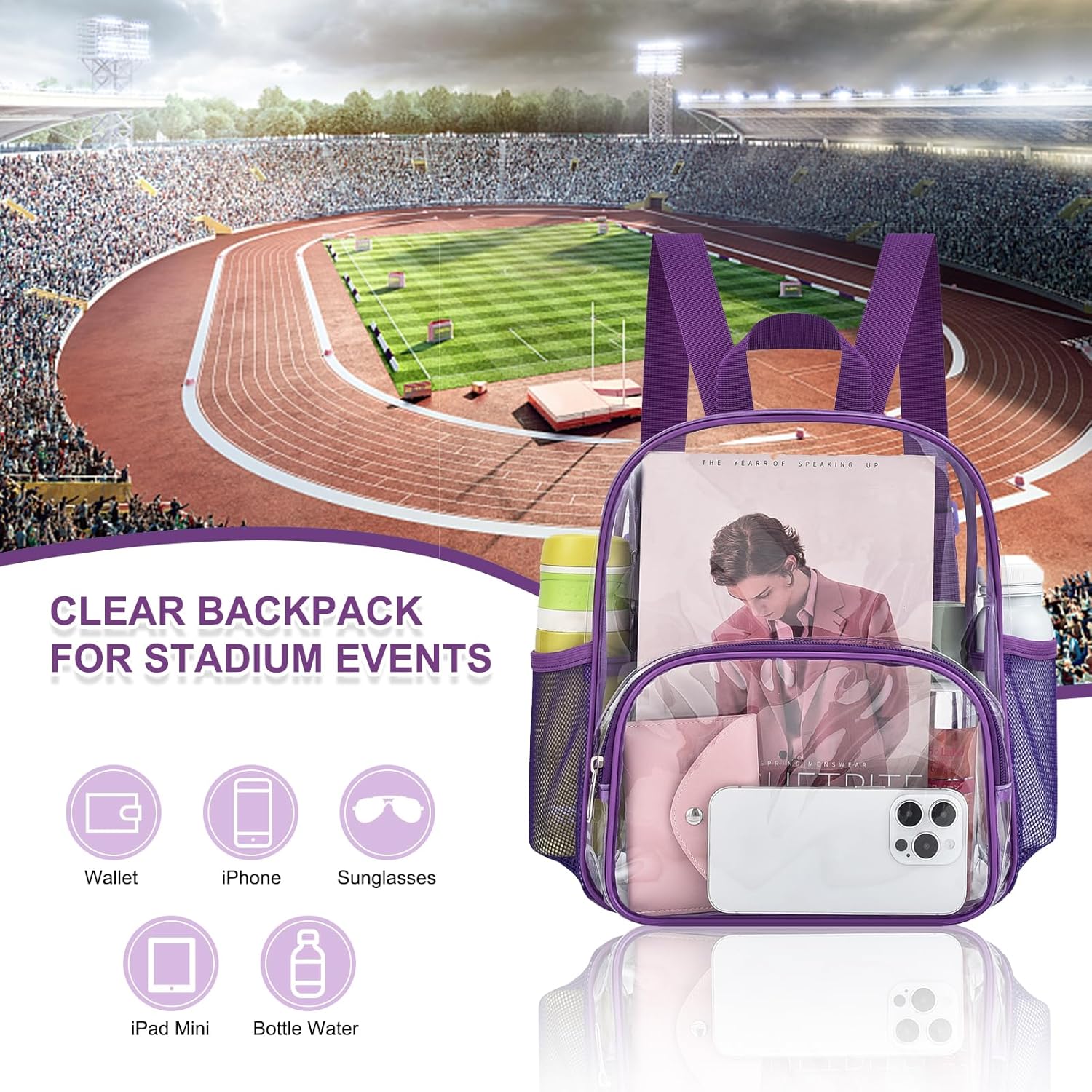 Clear Backpack for Stadium Events Clear Backpack 12x12x6 with Front Pocket for Concert Sport Events Work Travel (Purple) - Image 3