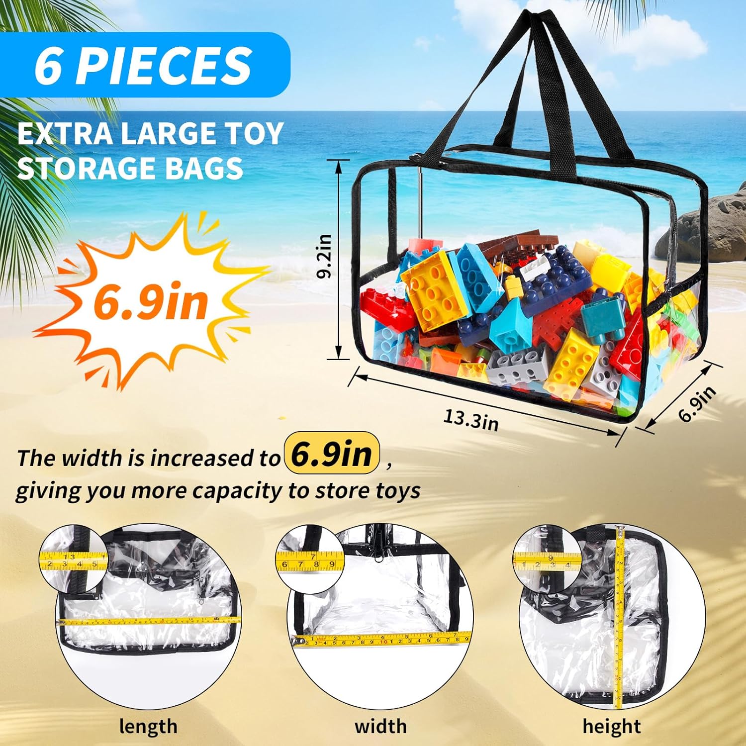 Widened X-Large Toy Storage Bags, 13.3 * 6.9 * 9.2 in 6 Packs Reusable Clear PVC Board with Zipper, Travel Waterproof Organizer Bags Game Storage for Puzzles, Building Blocks, Board Game