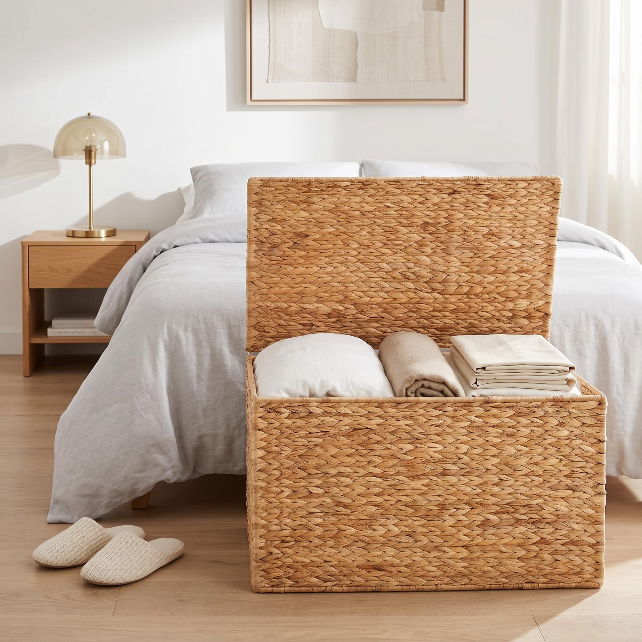 Grande cesto portaoggetti in tessuto con coperchio, 160 l, con fodera rimovibile, cesto portabiancheria intrecciato a mano per biancheria, coperte, giocattoli e camera da letto (giacinto