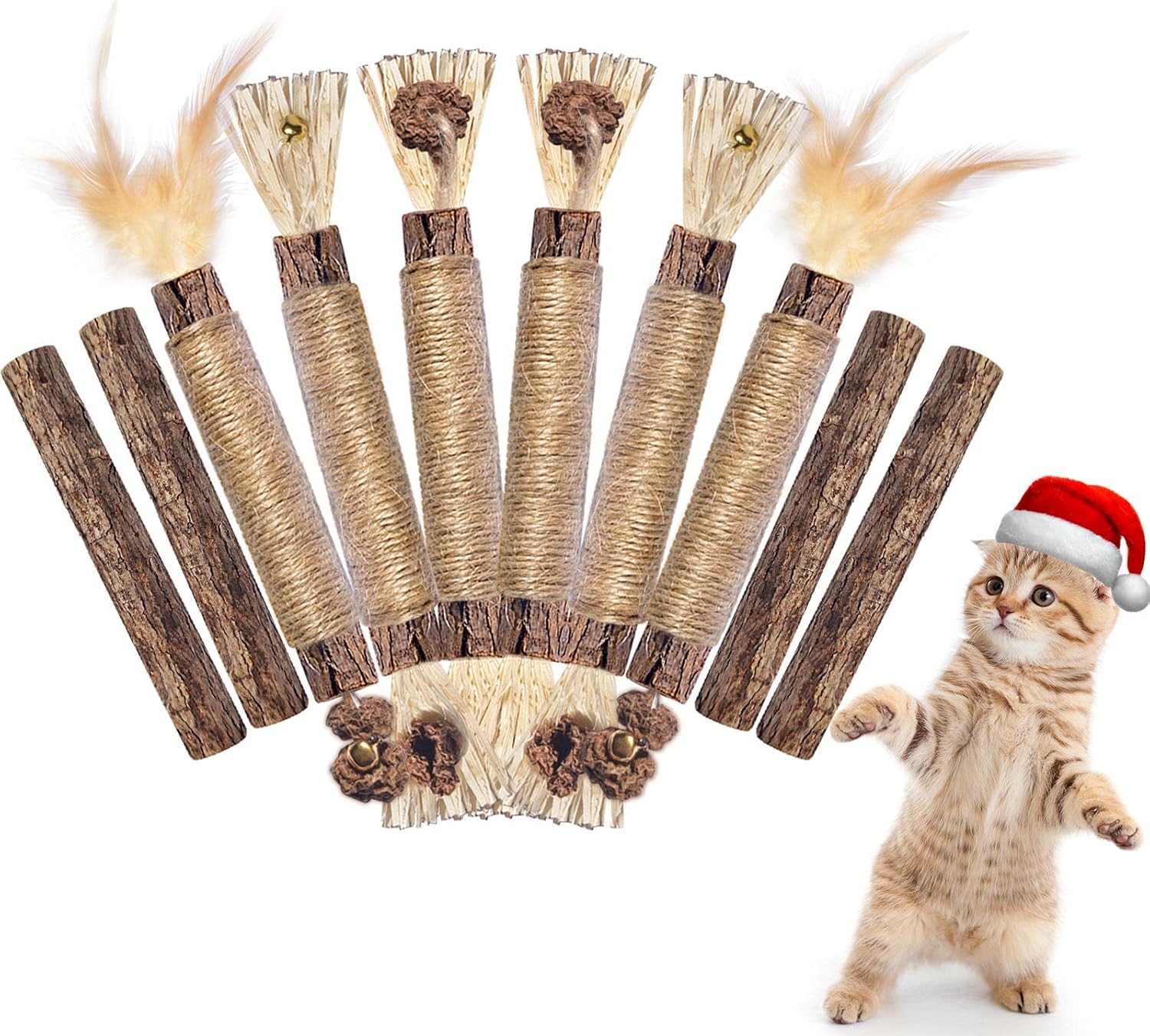Roguoo Cat Toys 10PCS - Silvervine Sticks with Feather & Bell Toys - Natural Catnip Sticks Matatabi Chew Sticks Cleaning Teeth Molar Toy