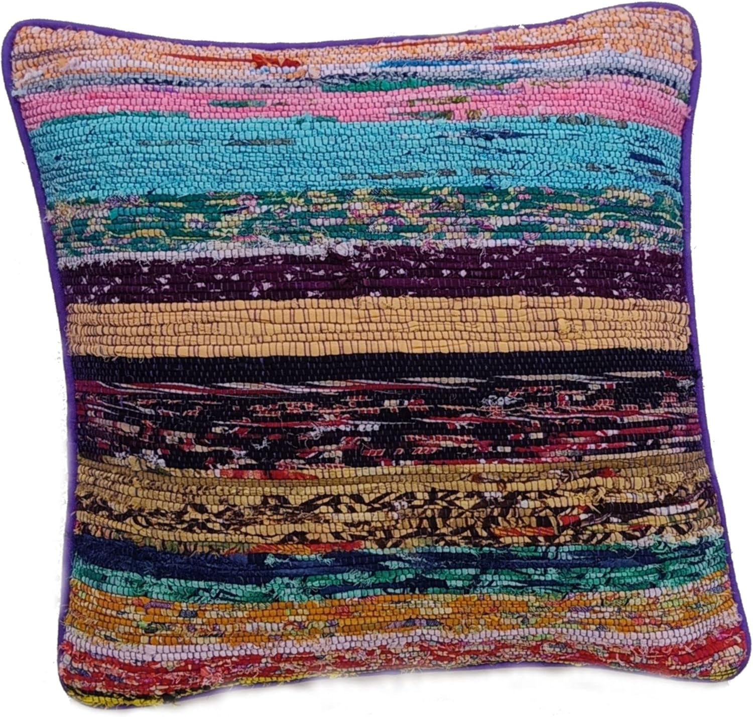 Trade Star Handloom Recyled Fabric Cushion Case Decorative Pillow Cover Rag Rug Cushion Cover Throw Pillow Shams Gypsy Case Boho Sofa Cushion Cover Square Vintage Case 16X16 Inches