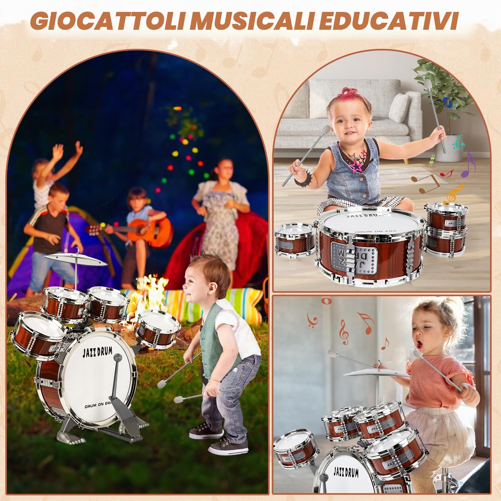 Batteria per Bambini, Drum Set 5 Tamburi con Sgabello Strumento Musicale | Batteria Musicale Bambini per Educazione Precoce, Regalo di Natale, Giocattoli per 3-5 Anni