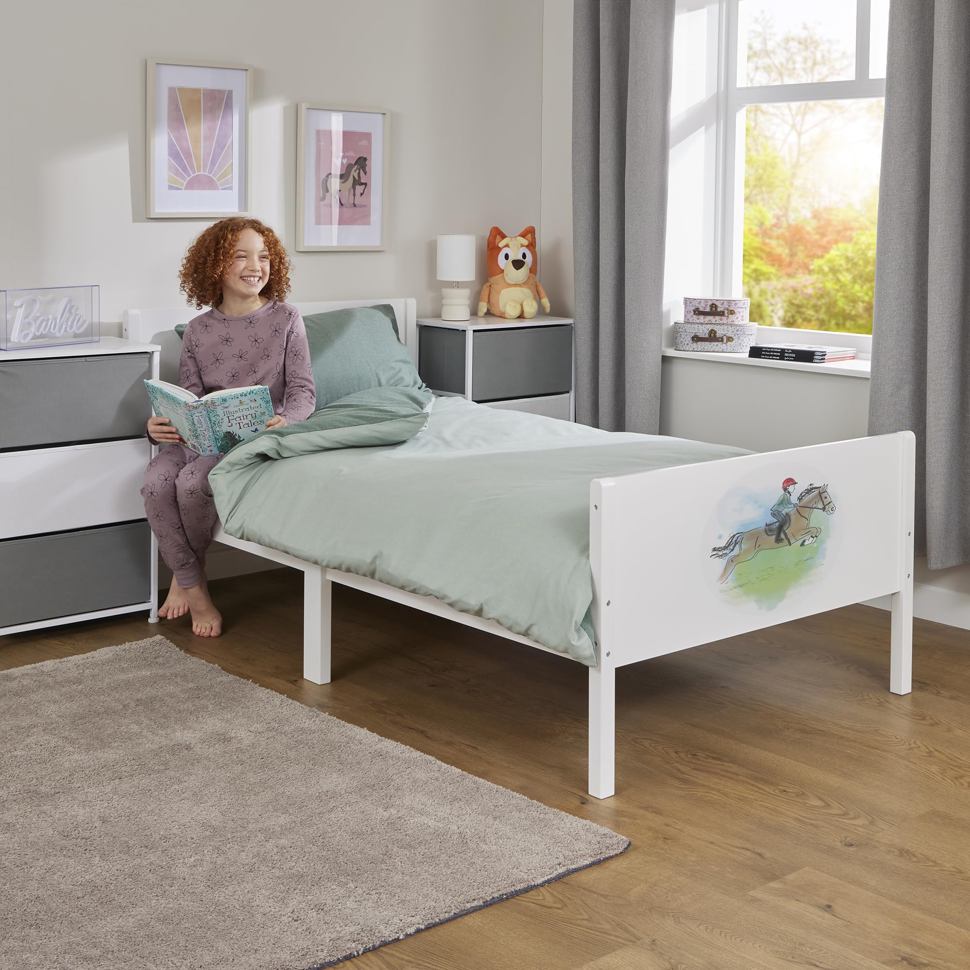 Liberty House Toys Kids Single Bed - Horse Rider Design - White Wood - Age 4+