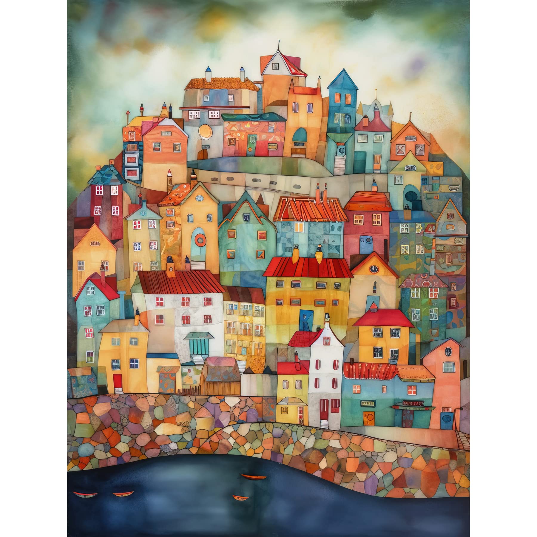 Artery8 Home By The Sea Folk Art Large Wall Art Poster Print Thick Paper 18X24 Inch