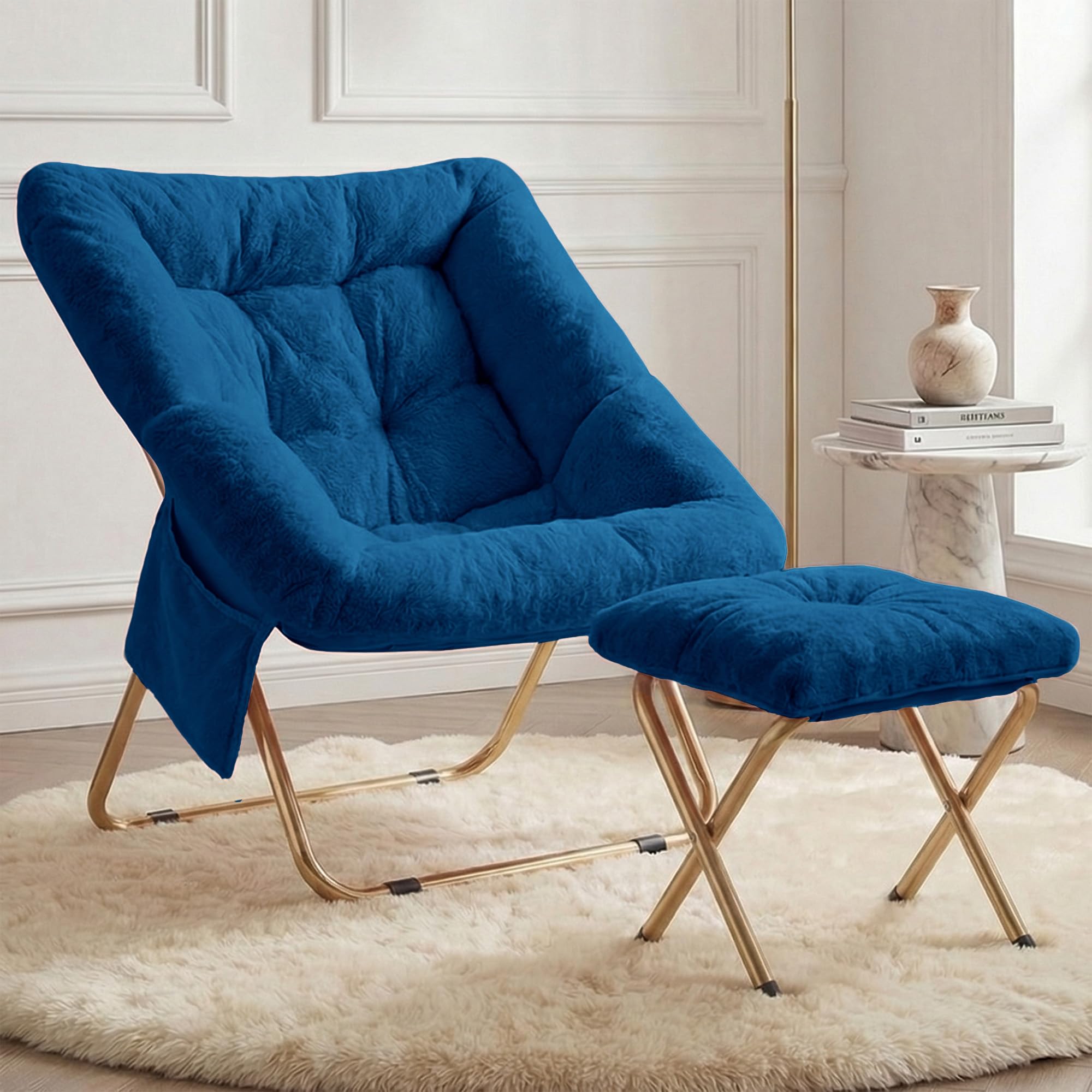 comfy saucer chair for adults, foldable living room chairs, soft faux fur lounge chair for bedroom, reading chairs, x-large (teal blue)