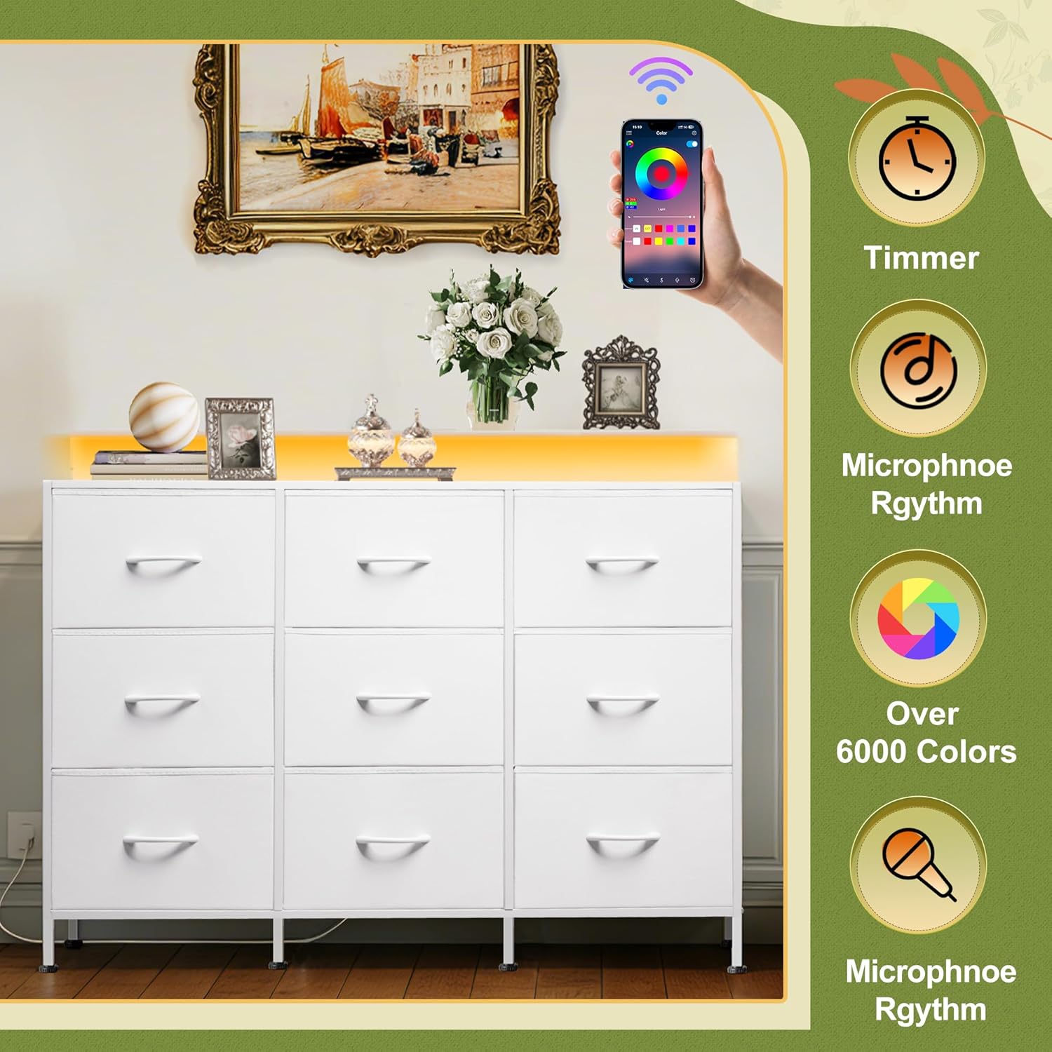 White TV Stand for 45, 50, 55 inch TV, TV Media Console Table with LED Lights & Charging Station, Entertainment Center with 9 Fabric Drawers and Open Shelves for Living Room, Hallway - Image 3