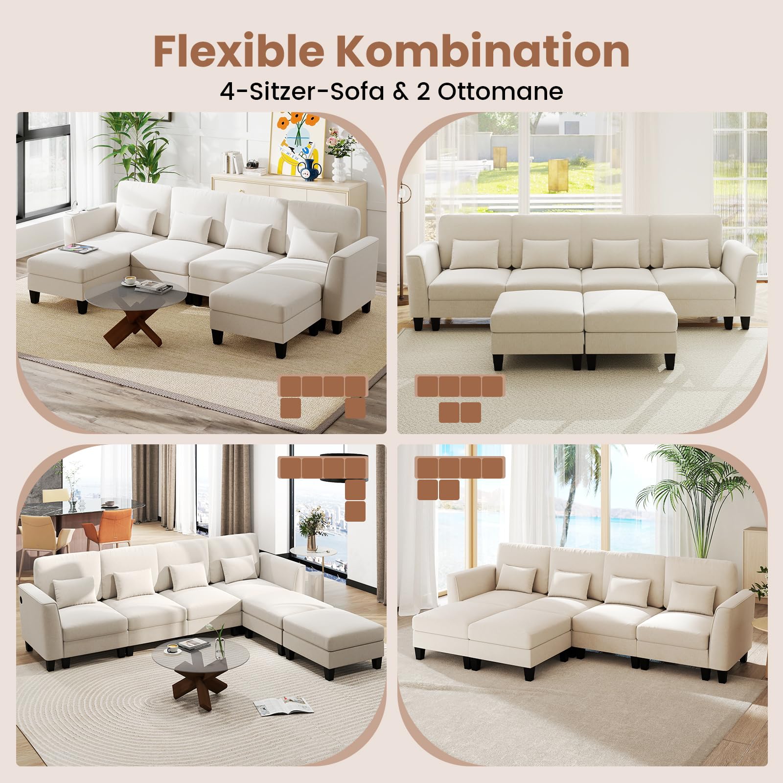 COSTWAY Sofa narożna 280 cm z 2 podnóżkami i 4 poduszkami, modułowa sofa z funkcją spania, sofa narożna w kształcie litery U z portami ładowania USB i portem ładowania typu C, 4-osobowa sofa do salonu