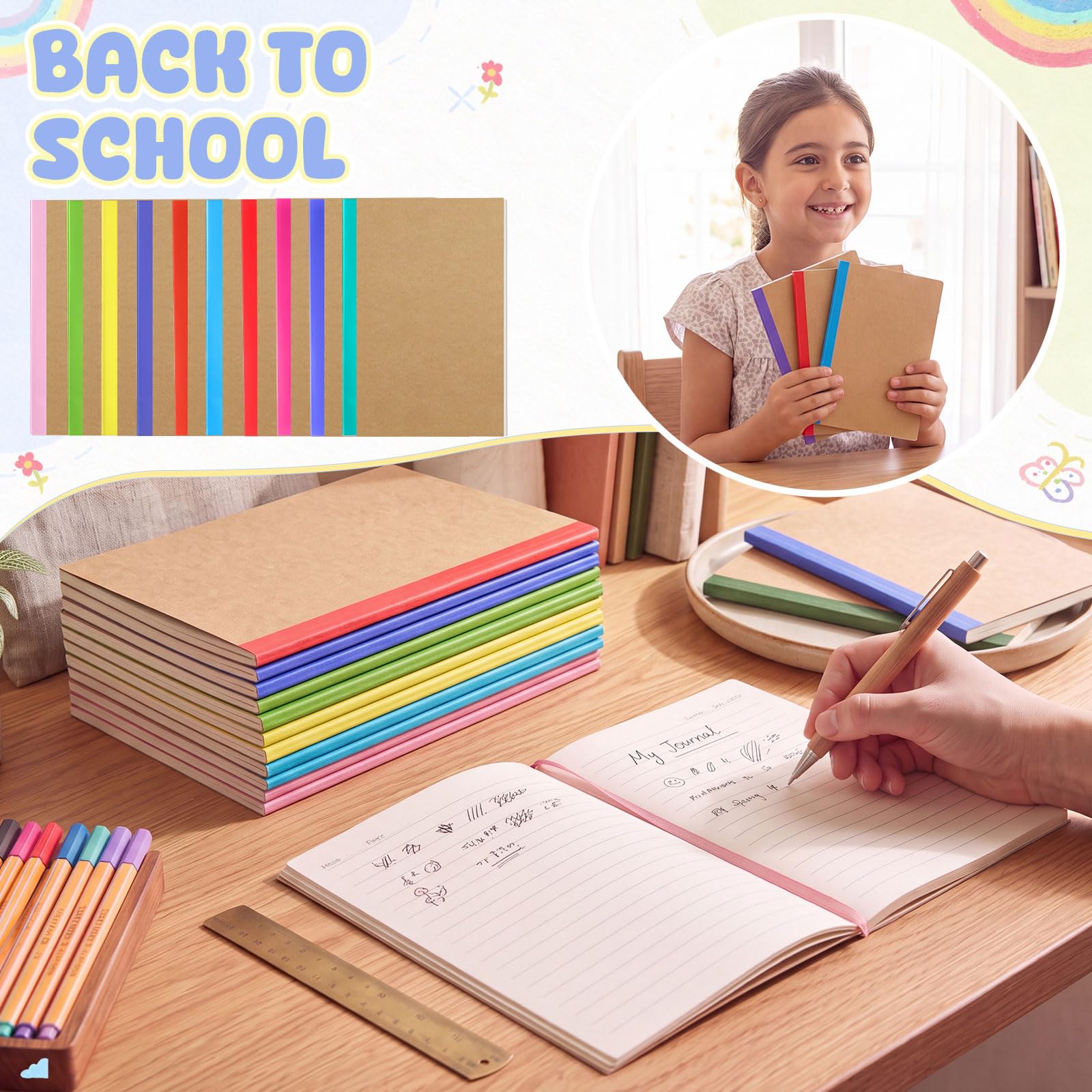 Handepo Paquete de 100 cuadernos de composición con rayas de papel kraft a rayas, diario de viaje para estudiantes, suministros de oficina (A6, colorido)