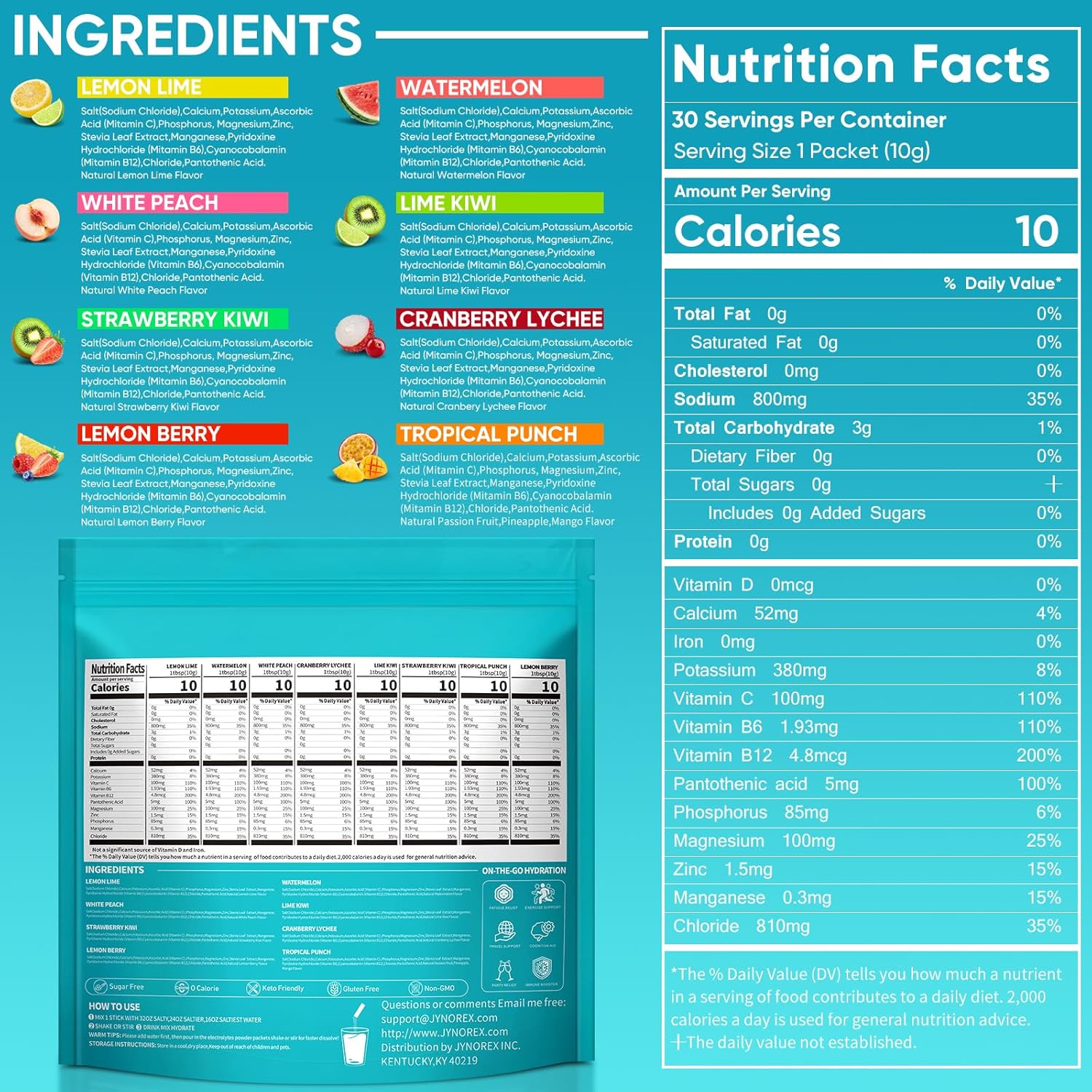 Electrolytes Powder Packets Sugar Free, 30 Sticks High Sodium Hydration Packets, Electrolyte Drink Mix with Lemon Lime Watermelon Peach Berry Kiwi Tropical Punch Lychee Cranberry, 10.5OZ