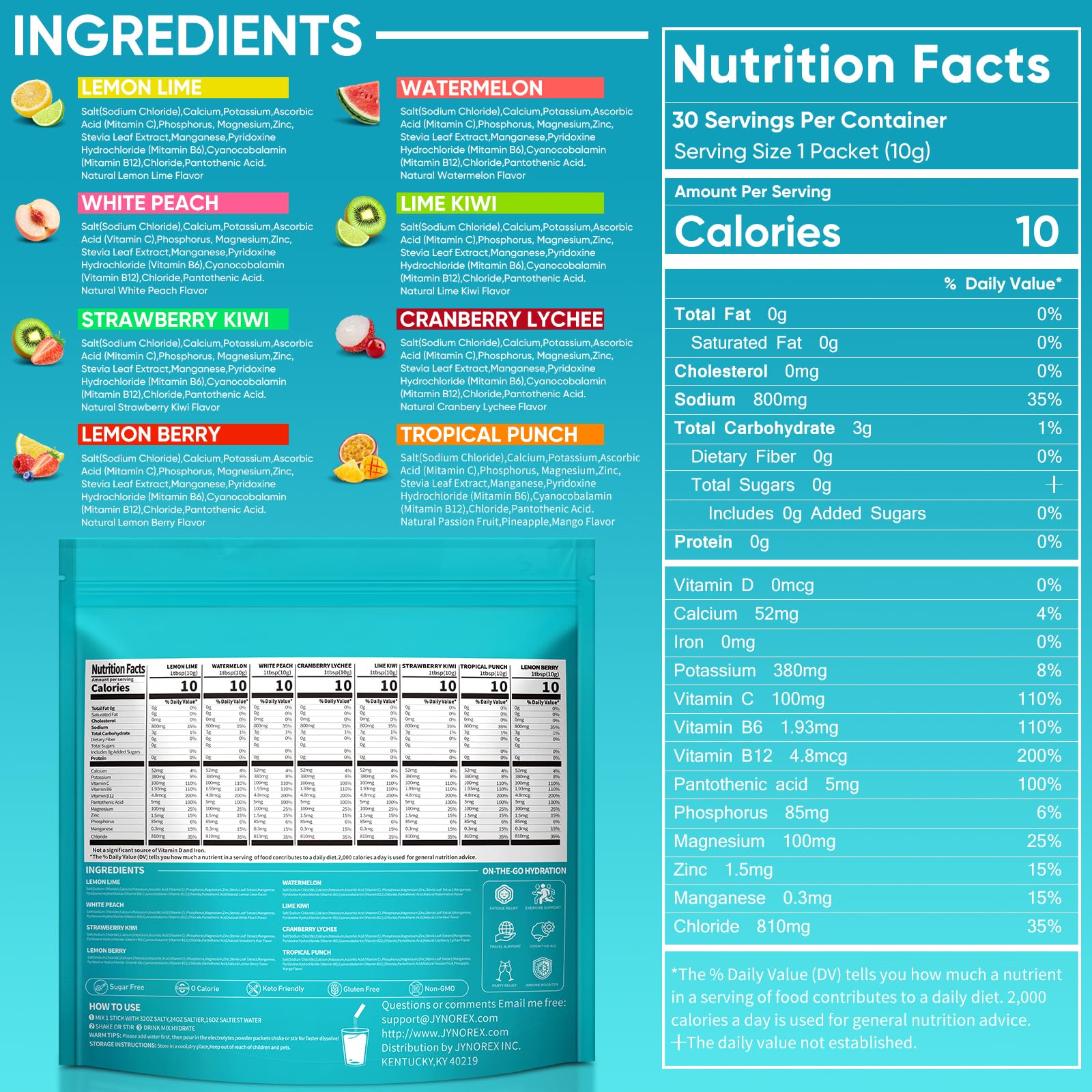 Electrolytes Powder Packets Sugar Free, 30 Sticks High Sodium Hydration Packets, Electrolyte Drink Mix with Lemon Lime Watermelon Peach Berry Kiwi Tropical Punch Lychee Cranberry, 10.5OZ — Amazon image 2