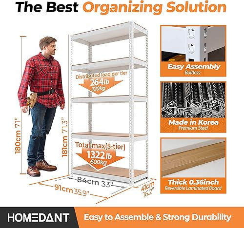 Miniatura 2 de HOMEDANT Estantes de almacenamiento de 5 niveles ajustables laminados sin pernos para garaje, estantería de metal resistente, estante para almacén,