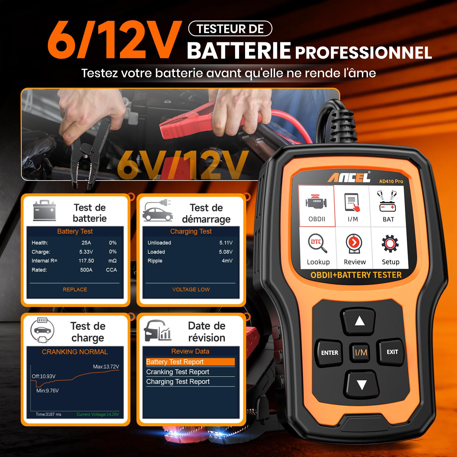 2 in 1 OBD2 Valise Diagnostic Auto et Testeur de Batterie de Voiture Ancel