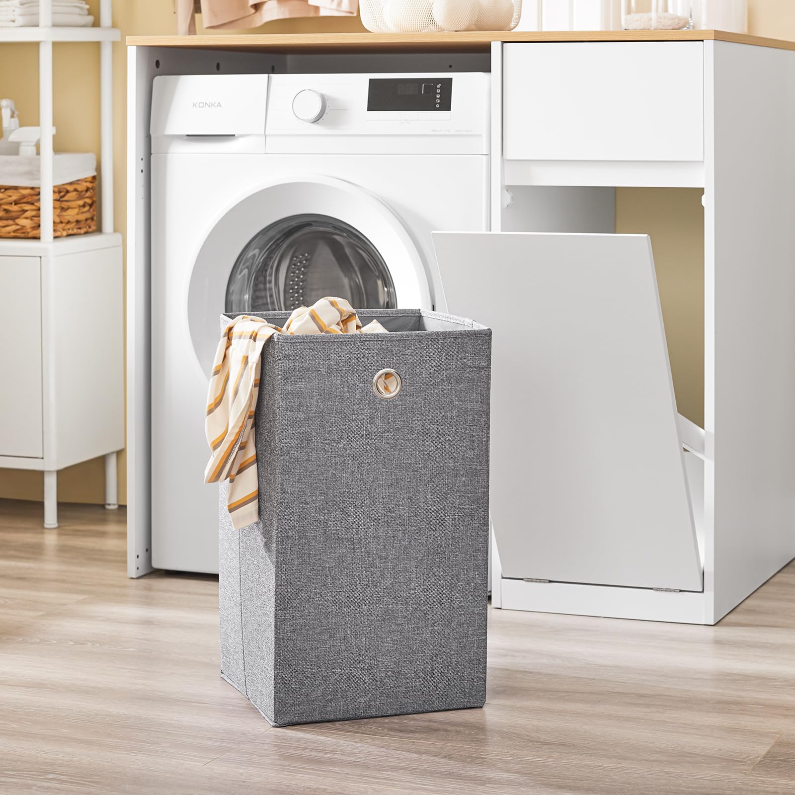 SoBuy Waschmaschinenschrank mit Wäschekorb & Schublade 100x60x90 cm | Schrank für Waschmaschine & Trockner, platzsparender Badezimmerschrank in Weiß Holzoptik, Skandinavisches Design, BZR217-WN