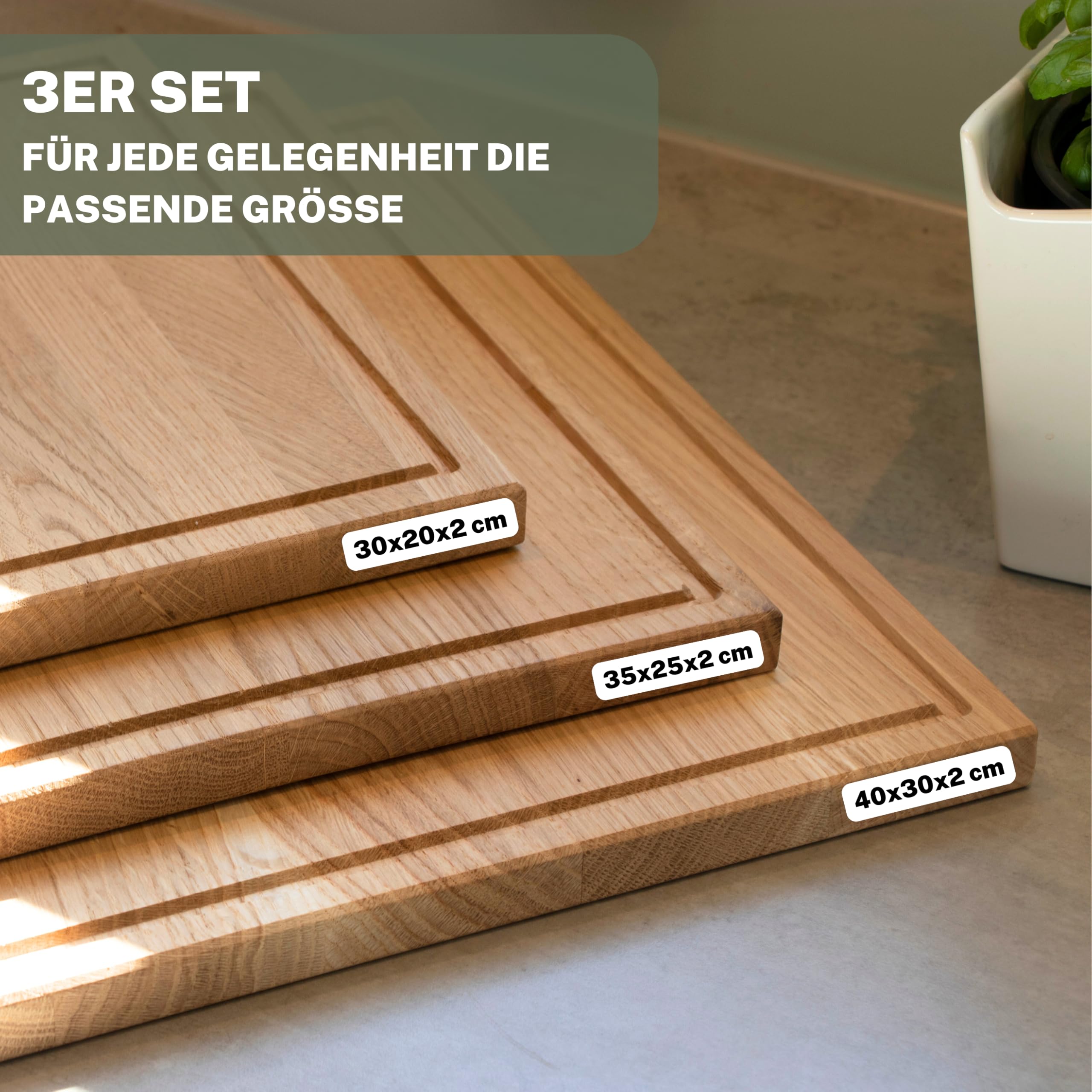 ASTREIN® Schneidebrett Eiche – Massives Holzbrett 3er Set – Hochwertiges Küchenbrett aus Eichenholz – Robust, langlebig & messerschonend – Ideal als Schneide‑ & Servierbrett (3er Set)