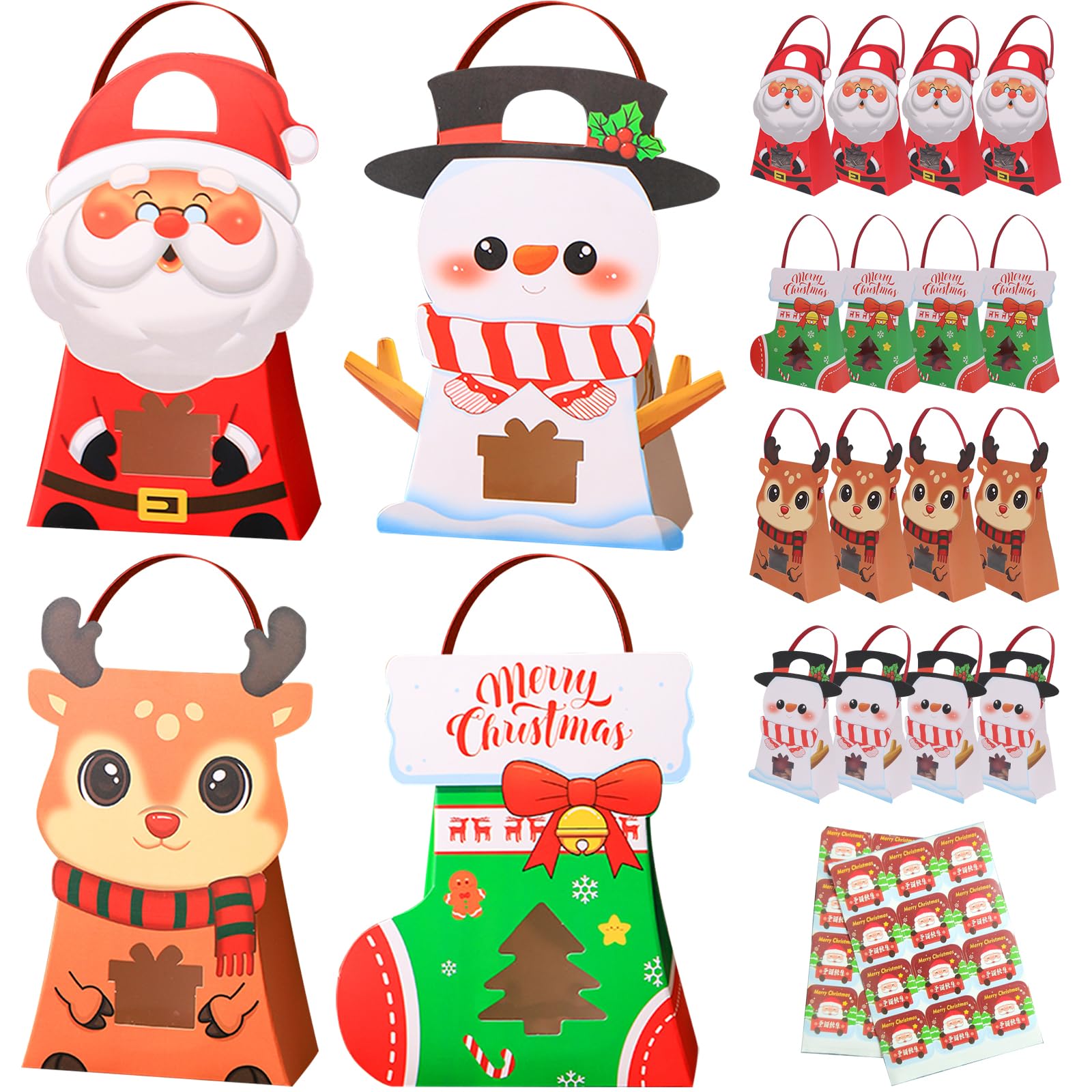 CcXxMming 30 PCS Christmas Party Favor Bags for Kids,Christmas Gift Bags with Handles, Paper Candy Boxes with Window,Xmas Goodie Boxes with Stickers