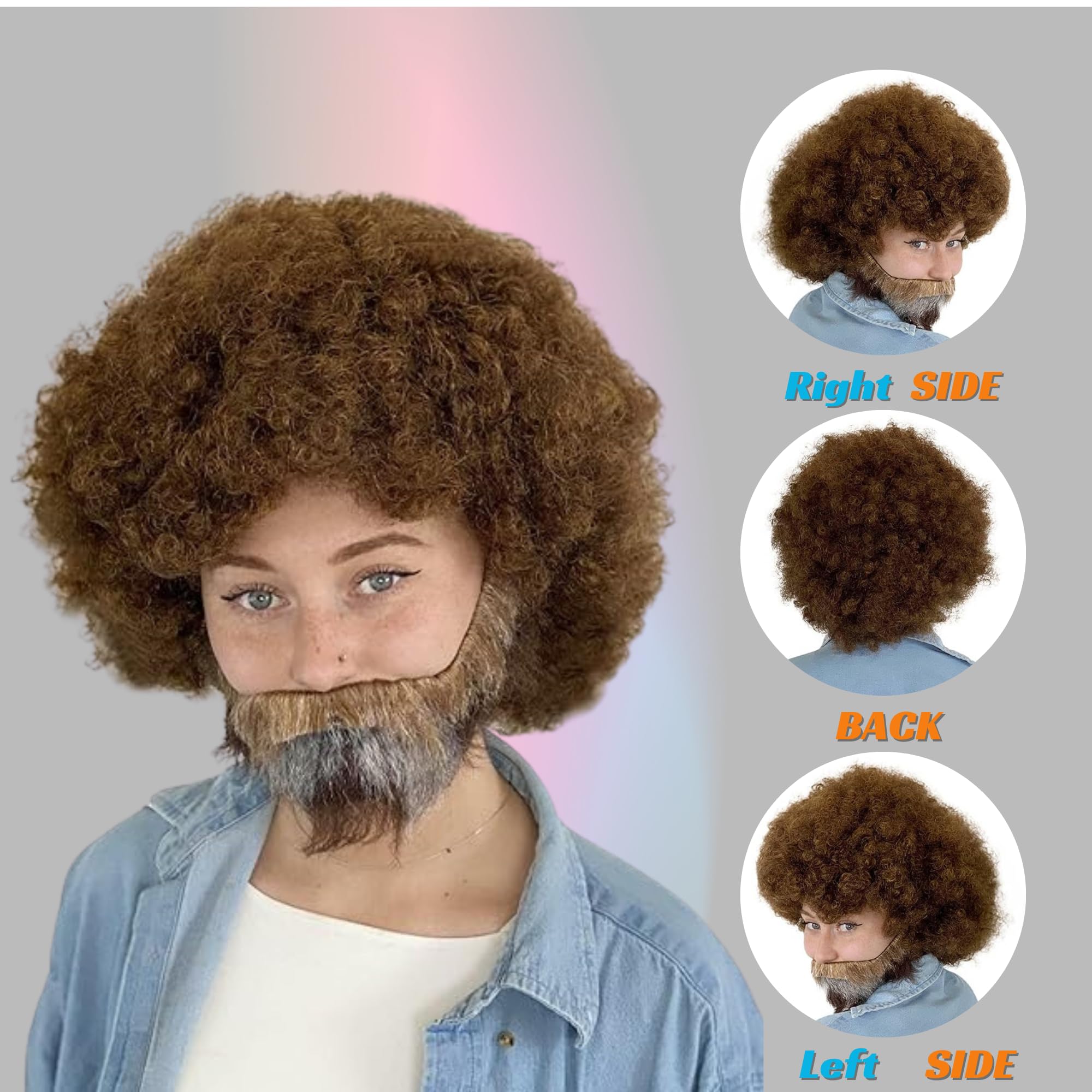 HPO Classic 80's Painter Afro Wig and Beard Set for Adults Effortless Celebrity Look, Halloween Wig-Brown - Image 3