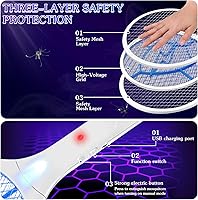 Vista 2 de Qualirey Paquete de 2 raquetas 2 en 1 matamoscas eléctrico de 3000 V con USB recargable con batería de 1200 mAh matamoscas y lámpara trampa