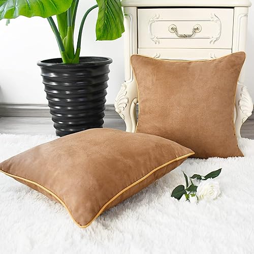 Miniatura 6 de CaliTime Juego de 2 fundas de almohada súper suaves de gamuza sintética con borde dorado con ribete dorado para sofá, cama, sofá, granja,