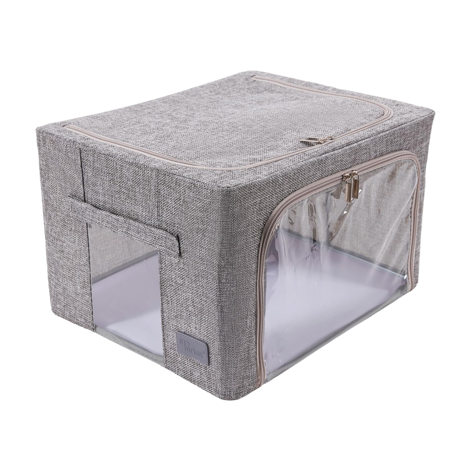 Periea ‘Beau’ Folding Collapsible Stackable Fabric Home Storage Boxes with Steel Frames (Grey Hemp, Small)