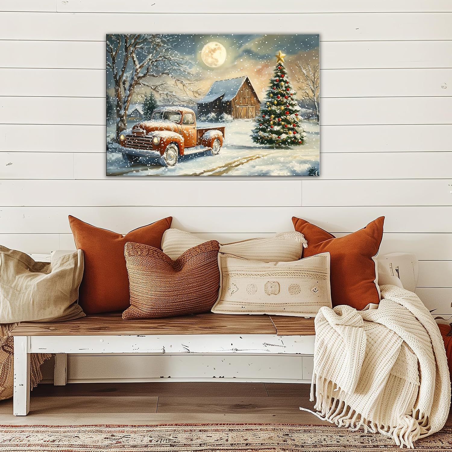 Vintage Christmas Wall Art Winter Farm Landscape Picture Print Christmas Tree and Car Painting Poster for Living Room Bedroom Bathroom Home Decor Framed(SNOW-4,12"x18")