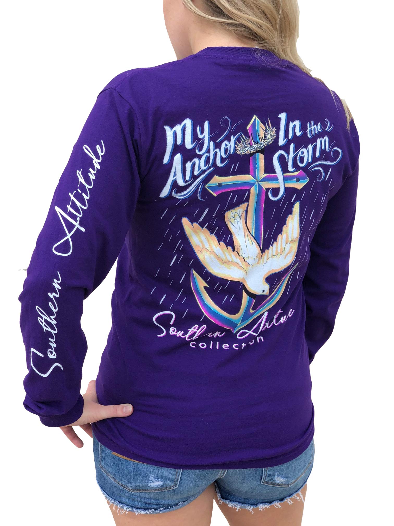 Southern AttitudeMy Anchor in The Storm Cross Anchor Purple Women's Long Sleeve Shirt (X-Large)