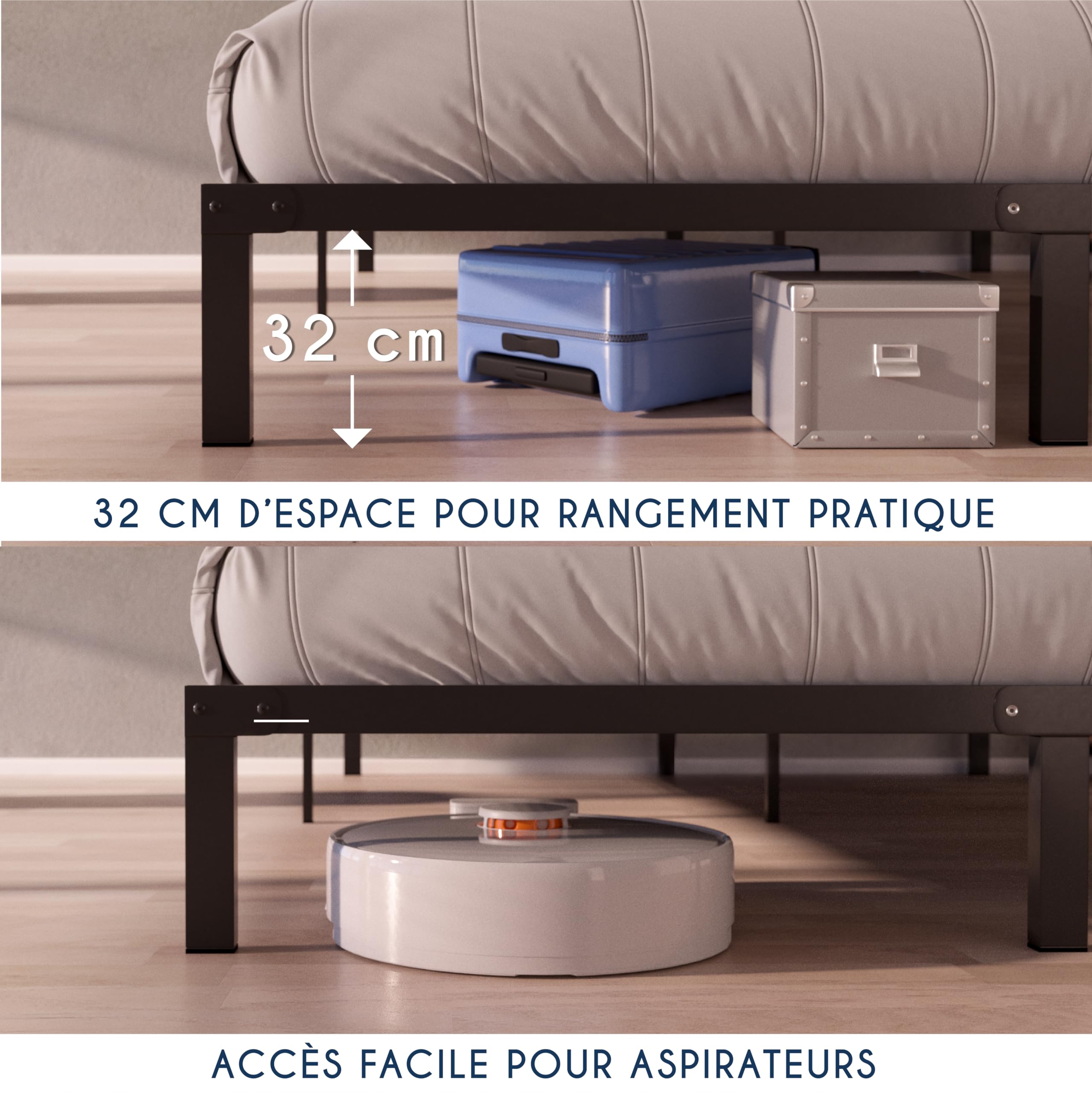 Dreamzie Cadre de Lit 160x200cm avec Sommier - Sommier 160x200 avec Pieds - Hauteur de 35cm - Structure Solide, Assemblage Facile et Espace de Rangement 32cm