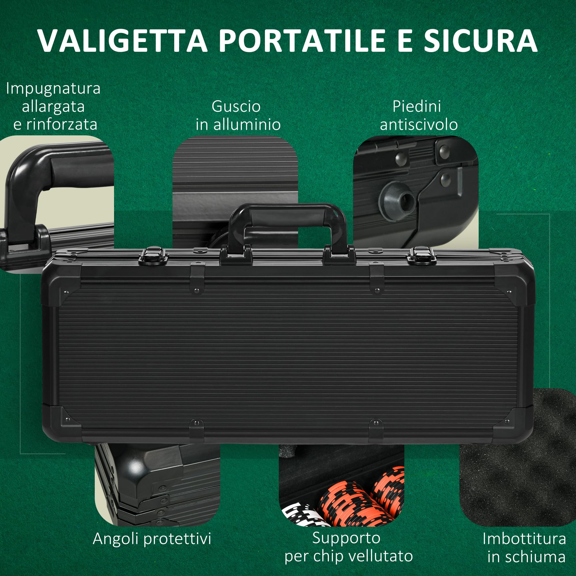 SPORTNOW Set Poker Completo 500 Fiches 2 Mazzi Carte 5 Dadi Valigetta Alluminio ABS Nero