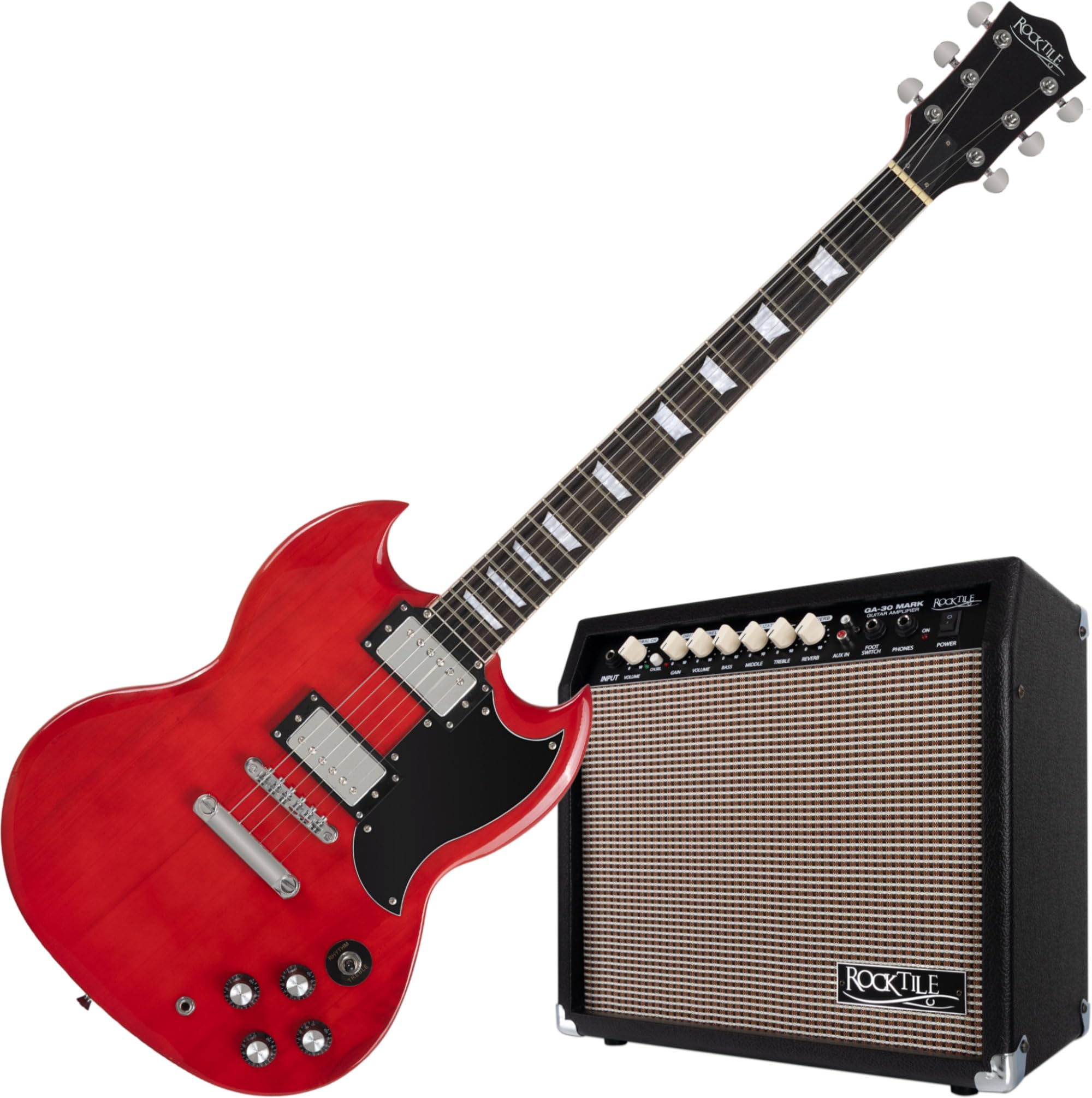Rocktile Pro S-Red Chitarra Elettrica Heritage Cherry Set Amplificatore | Modello: S-Red, 2 Humbucker Pickup, Hardware cromata, 22 tasti, Tastiera: palissandro, Manico incollato in acero, 2 mm, 34 kg