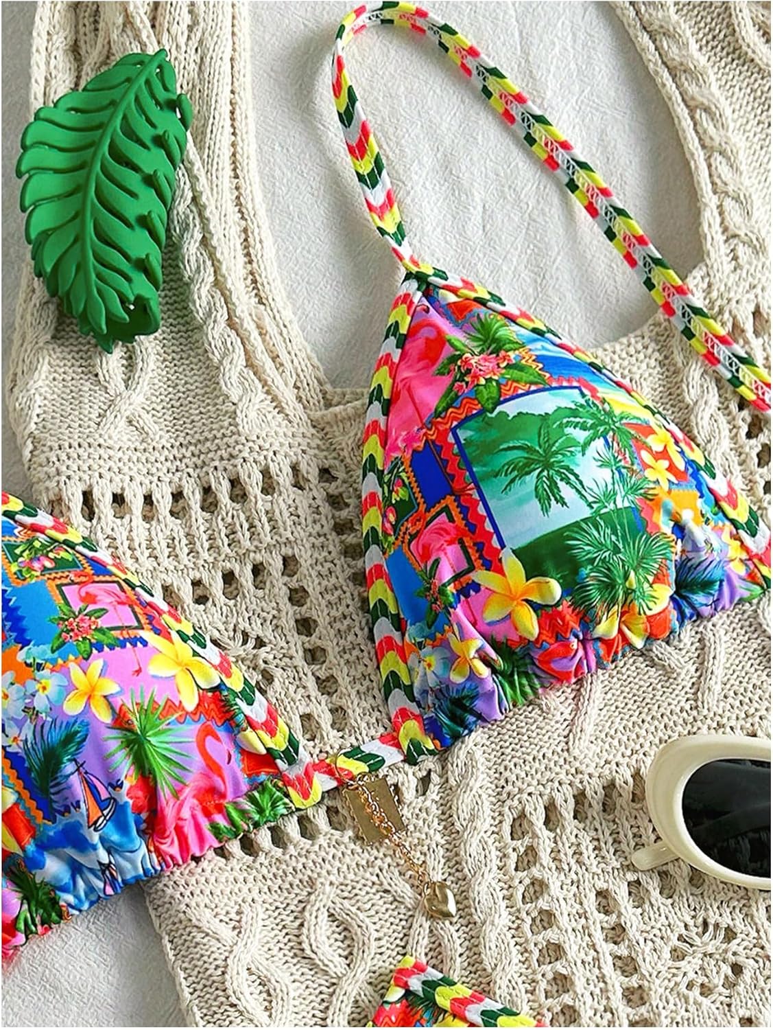 WDIRARA Women's 2 Piece Tropical Graphic Thong Bikini Set Triangle String Swimsuit High Cut Bathing Suit - Image 3