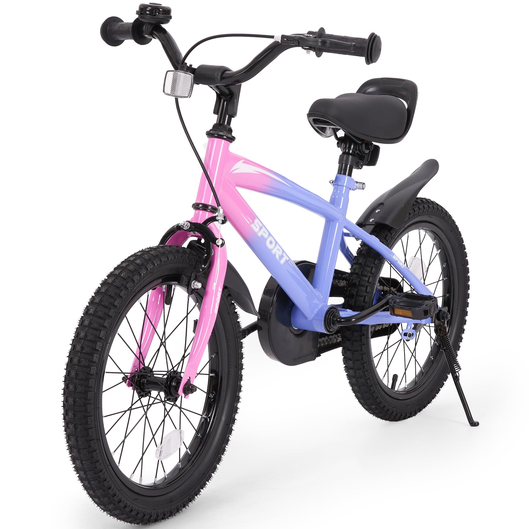 BODIOO Kinderfahrrad 18 Zoll Kinderrad für Jungen und Mädchen mit verstellbarem Sitz, Stützrädern, Handbremse, Rücktrittbremse und stabilem Rahmen für Fahrer von 114–137 cm (Lila Farbverlauf)