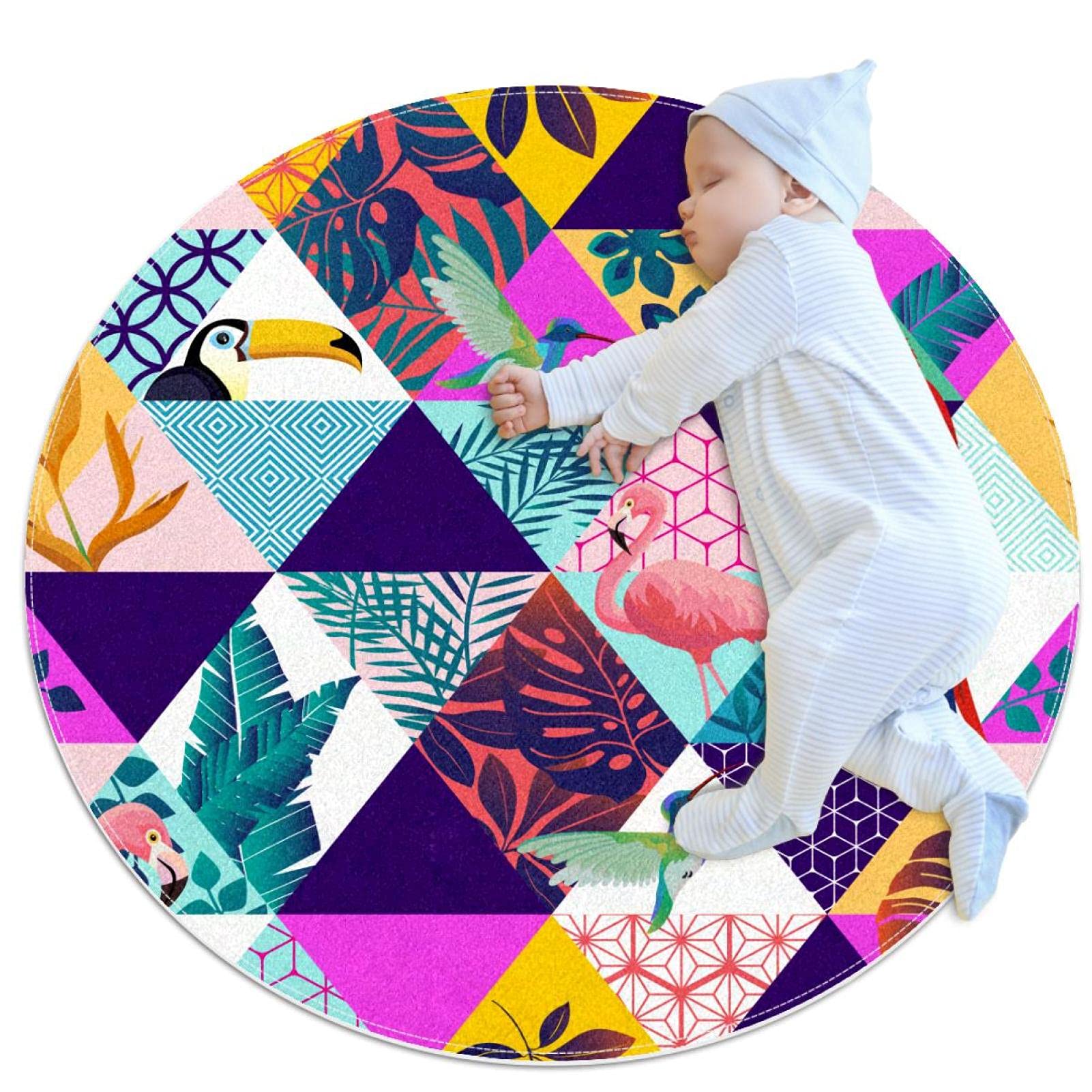 Tapis rond flamingo birds leaves pattern pour réchauffer un sol de salon carrelé