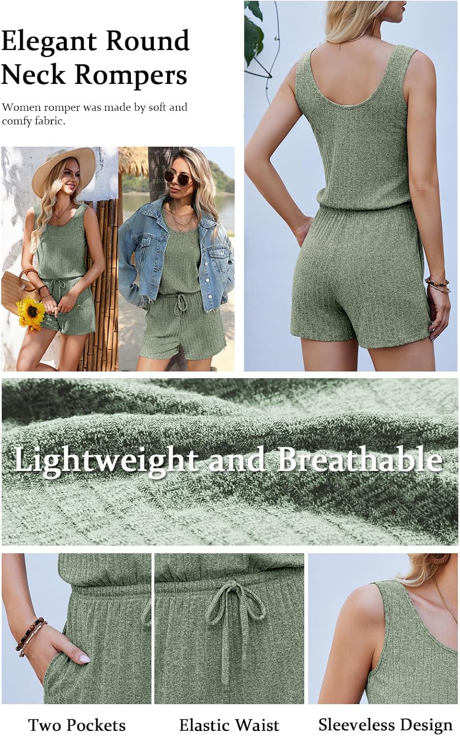 Ekouaer Rompers for Women Summer 2026 Casual Sleeveless Scoop Neck Tank Top Ribbed Short Jumpsuits Romper with Pockets - Image 5