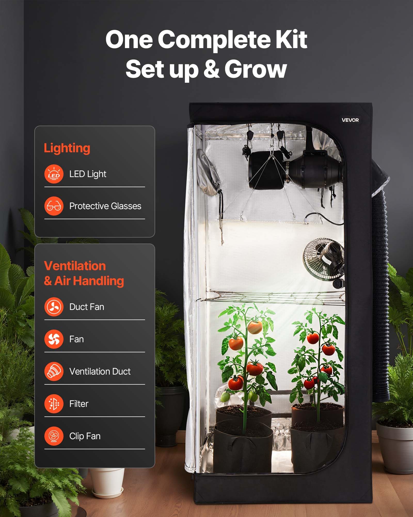 VEVOR Growzelt 80x80x180 cm Indoor-Pflanzenzelt mit Vollspektrum-LED-Zuchtlicht & Belüftungssystem 600D Mylar