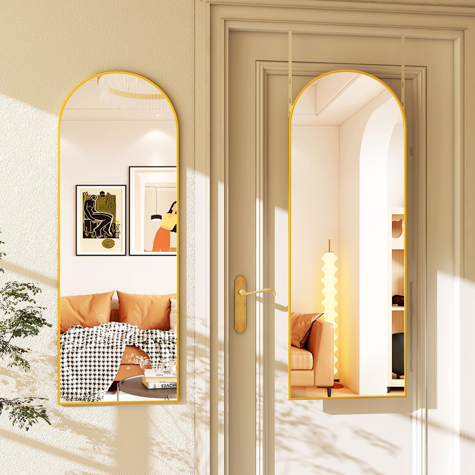 48"x14" Arched Full-Length Mirror - Over-The-Door or Wall Mounted Hanging Mirror, Full Body Mirrors for Bedroom Décor - Door Hanging for Cloakroom, Living Room, or Closet - Gold